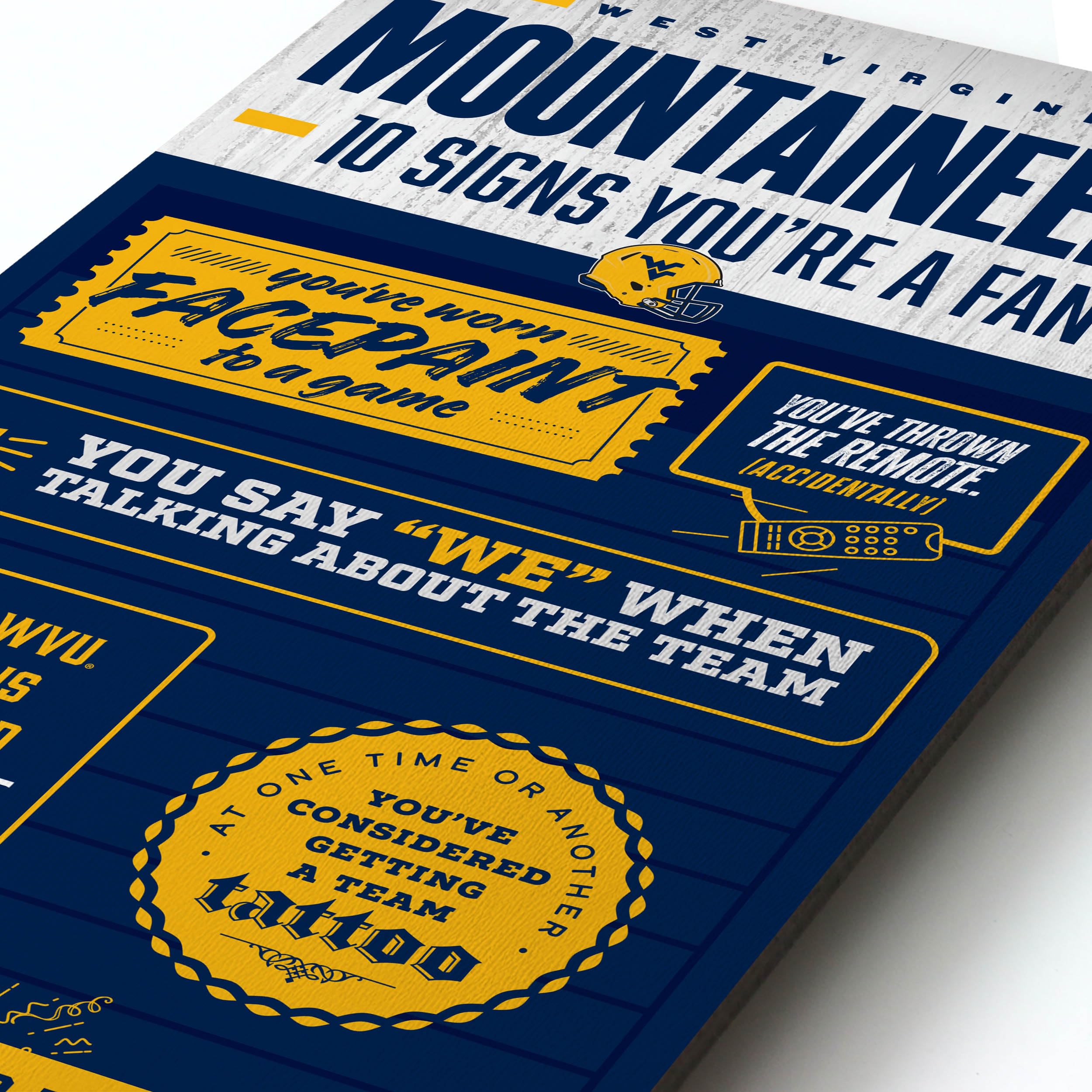 YouTheFan Officially-licensed NCAA West Virginia Mountaineers 6x19 Top 10 Signs Banner - humorous descriptions - fun sports fan phrases, original design, indoor team wall decor fan gift - Sports Collectibles, Sports Memorabilia, Sports Fan Shop, Sports Gifts