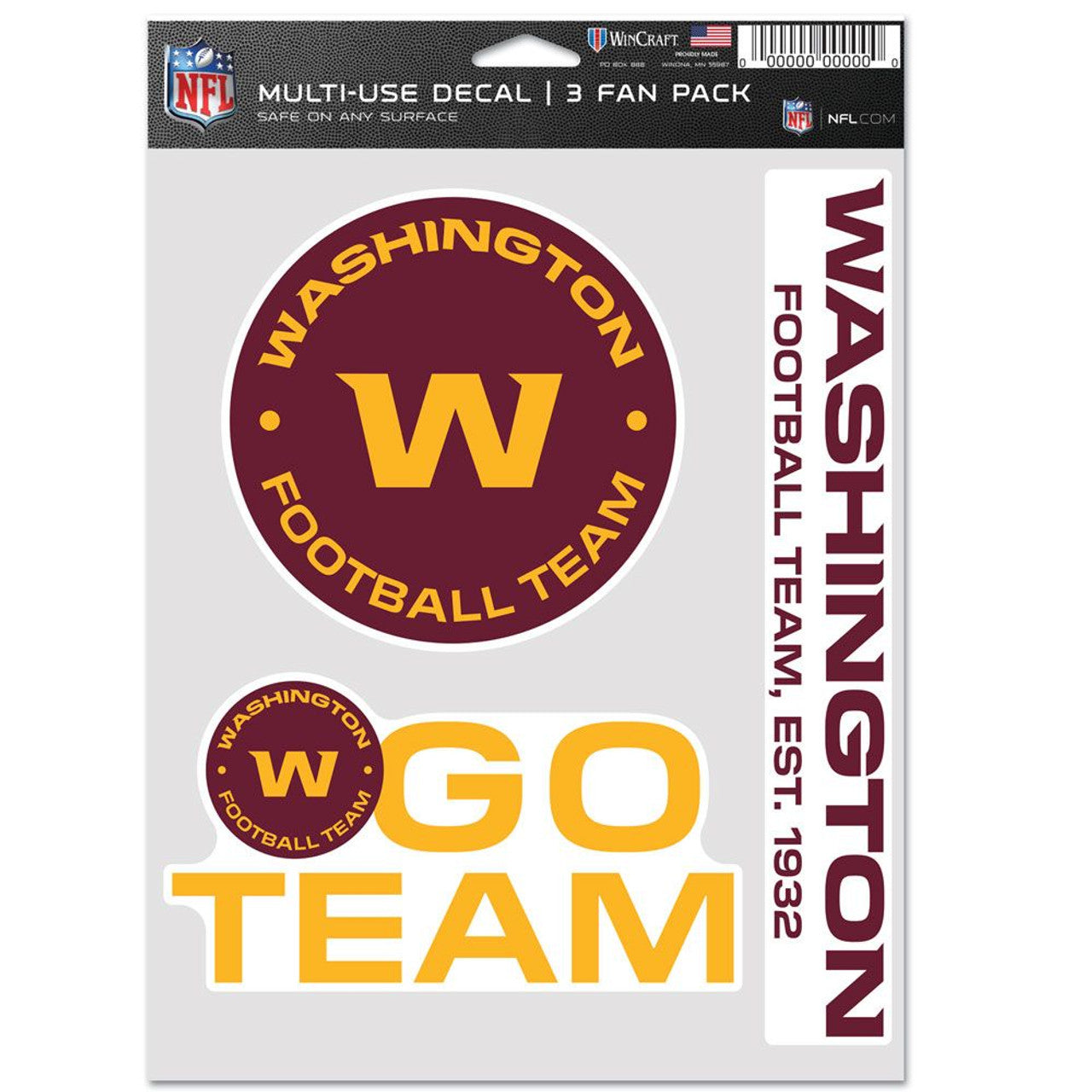 Washington Football Team Decal Multi Use Fan 3 Pack - Sports Collectibles, Sports Memorabilia, Sports Fan Shop, Sports Gifts