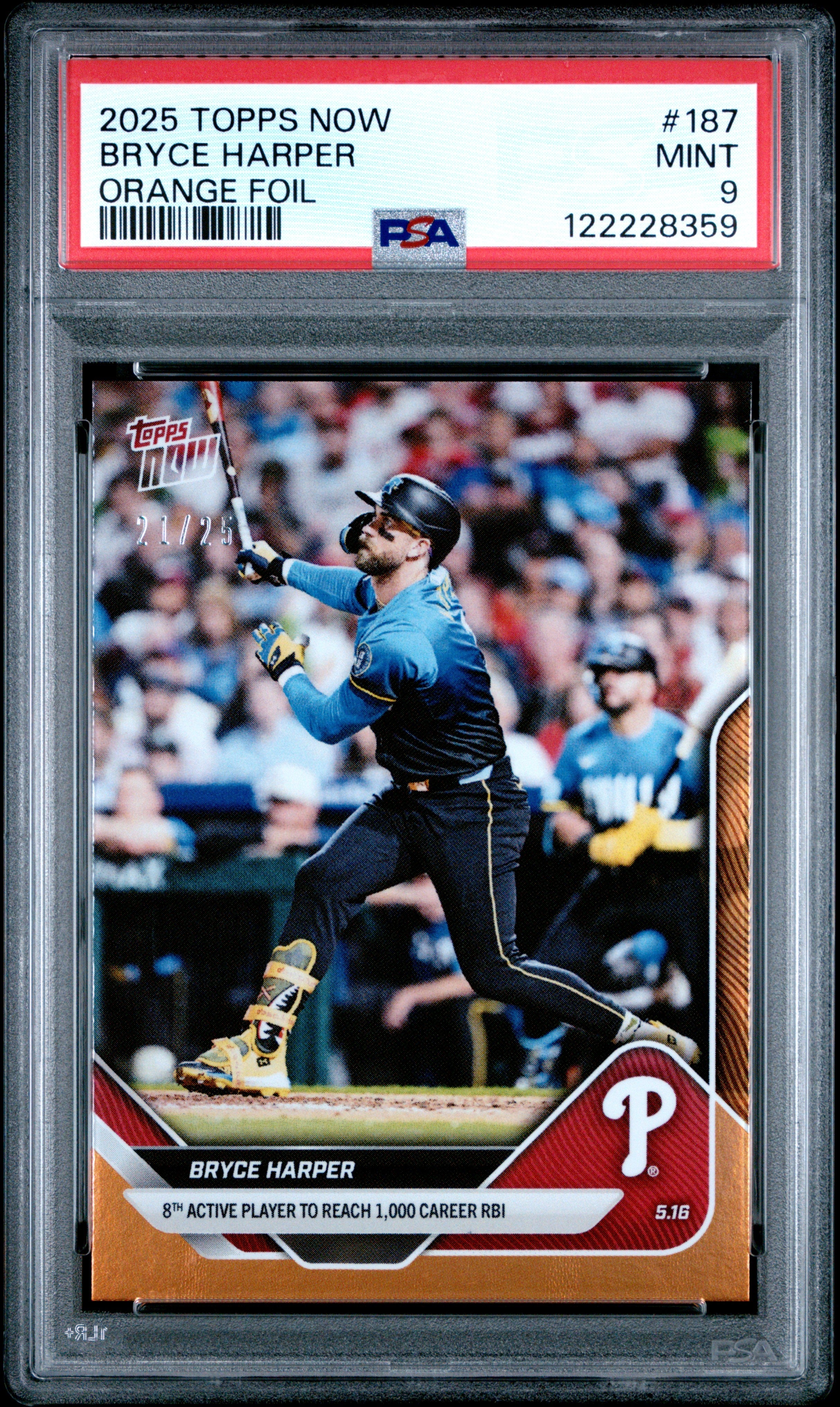 Graded 2025 Topps Now Bryce Harper #187 Orange Foil /25 Baseball Card PSA 9 Mint