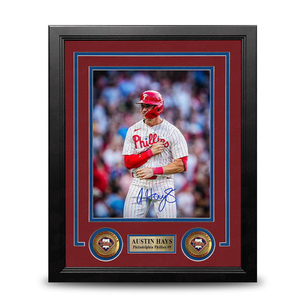 Austin Hays Chest Pound Autographed Philadelphia Phillies 8" x 10" Framed Baseball Photo - Sports Collectibles, Sports Memorabilia, Sports Fan Shop, Sports Gifts