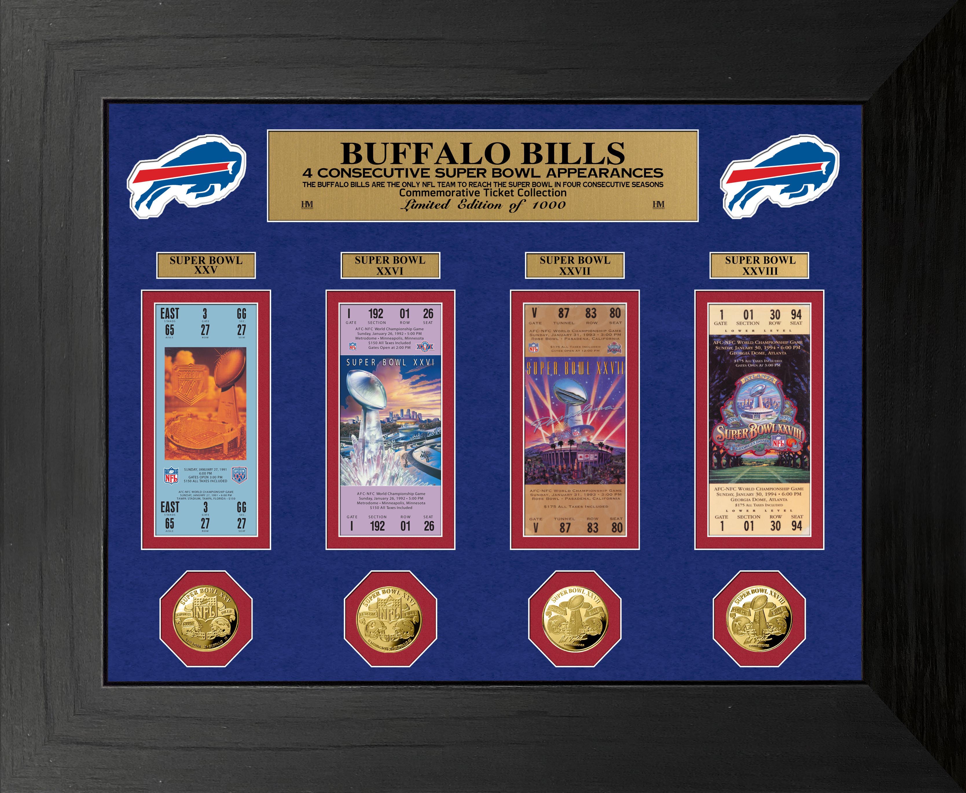 Buffalo Bills 4 Consecutive Super Bowl Appearances Deluxe Ticket & Game Coin Collection - Sports Collectibles, Sports Memorabilia, Sports Fan Shop, Sports Gifts