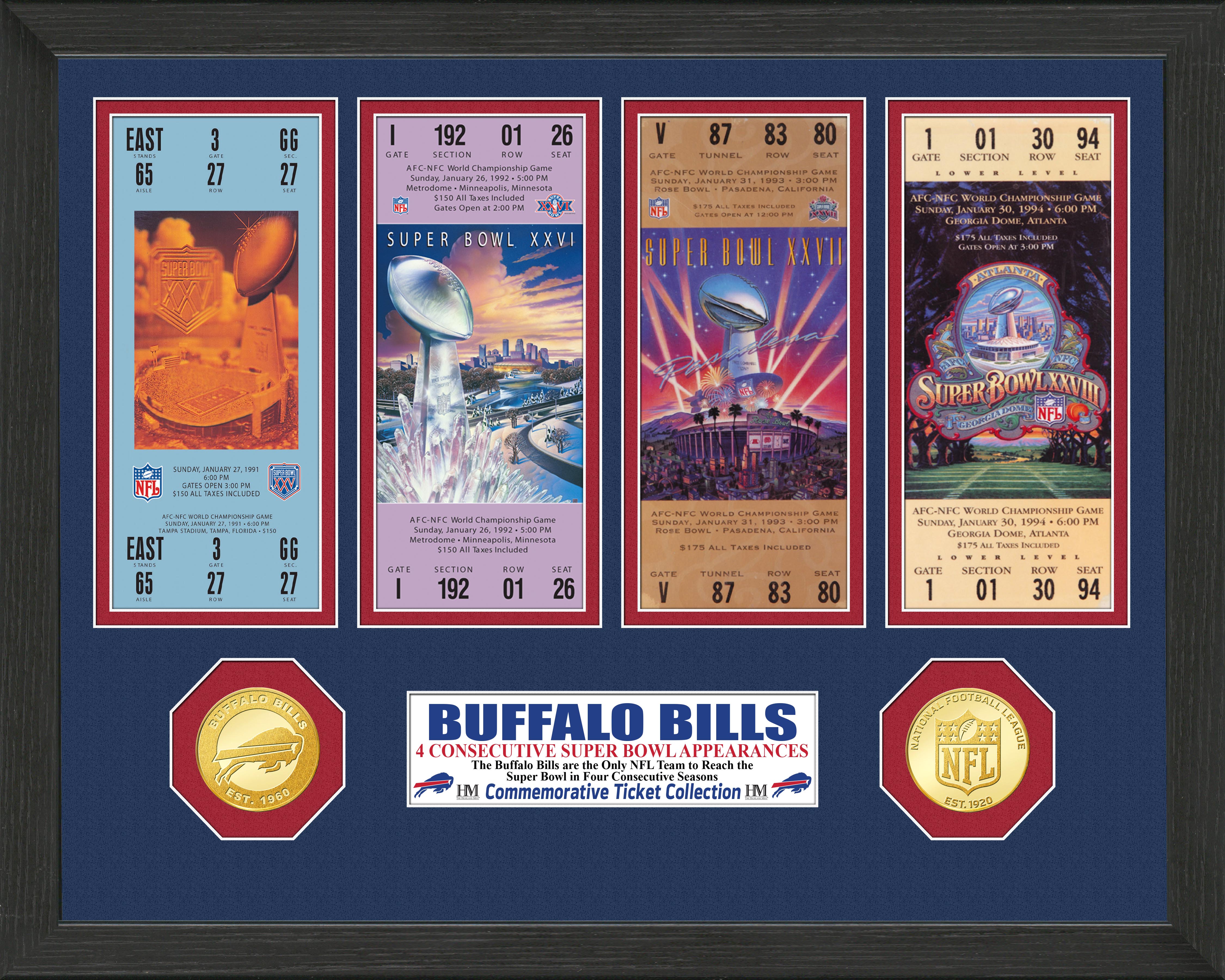 Buffalo Bills 4 Consecutive Super Bowl Appearances Ticket Collection - Sports Collectibles, Sports Memorabilia, Sports Fan Shop, Sports Gifts