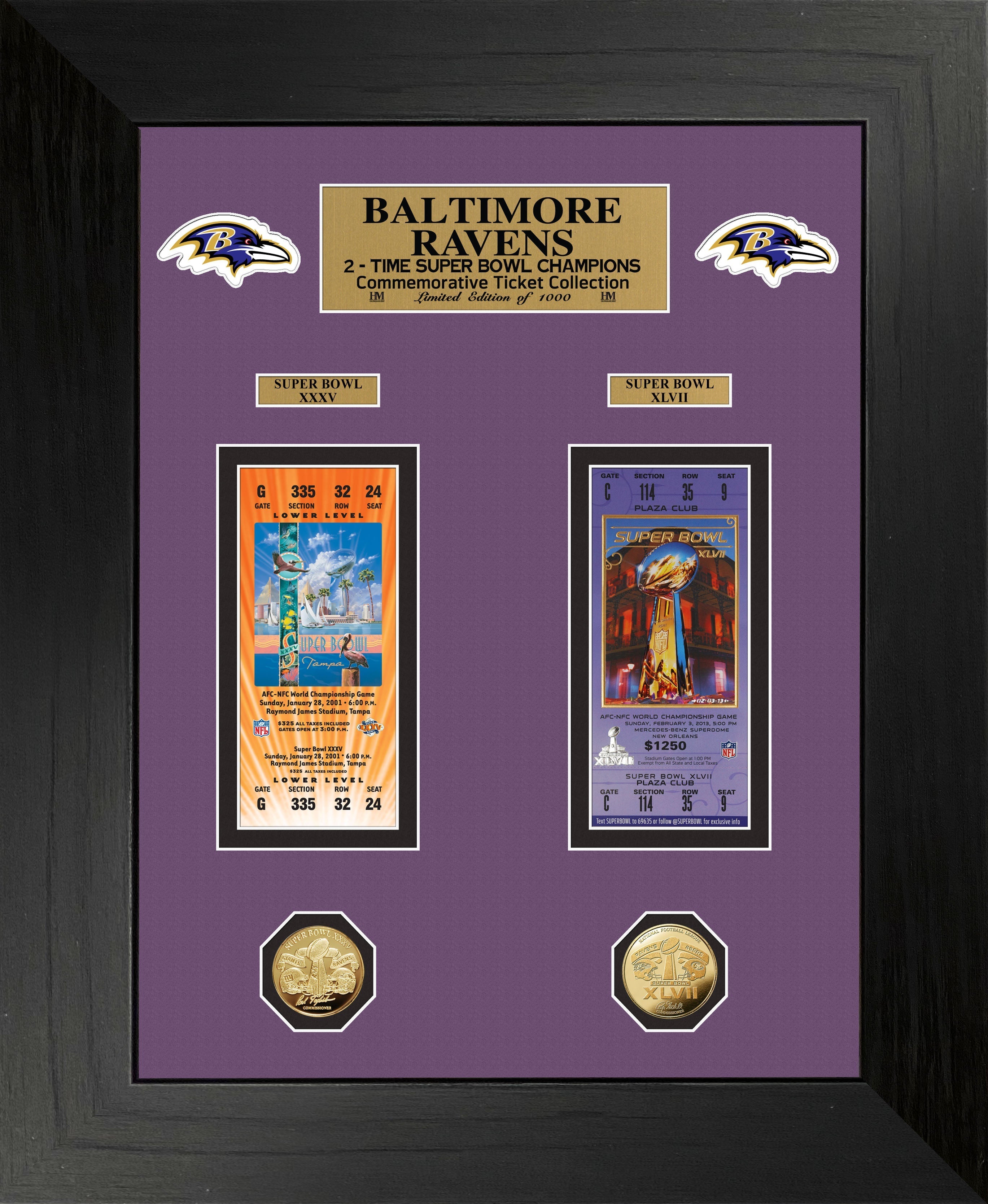 Baltimore Ravens Super Bowl Ticket and Game Coin Collection Framed - Sports Collectibles, Sports Memorabilia, Sports Fan Shop, Sports Gifts
