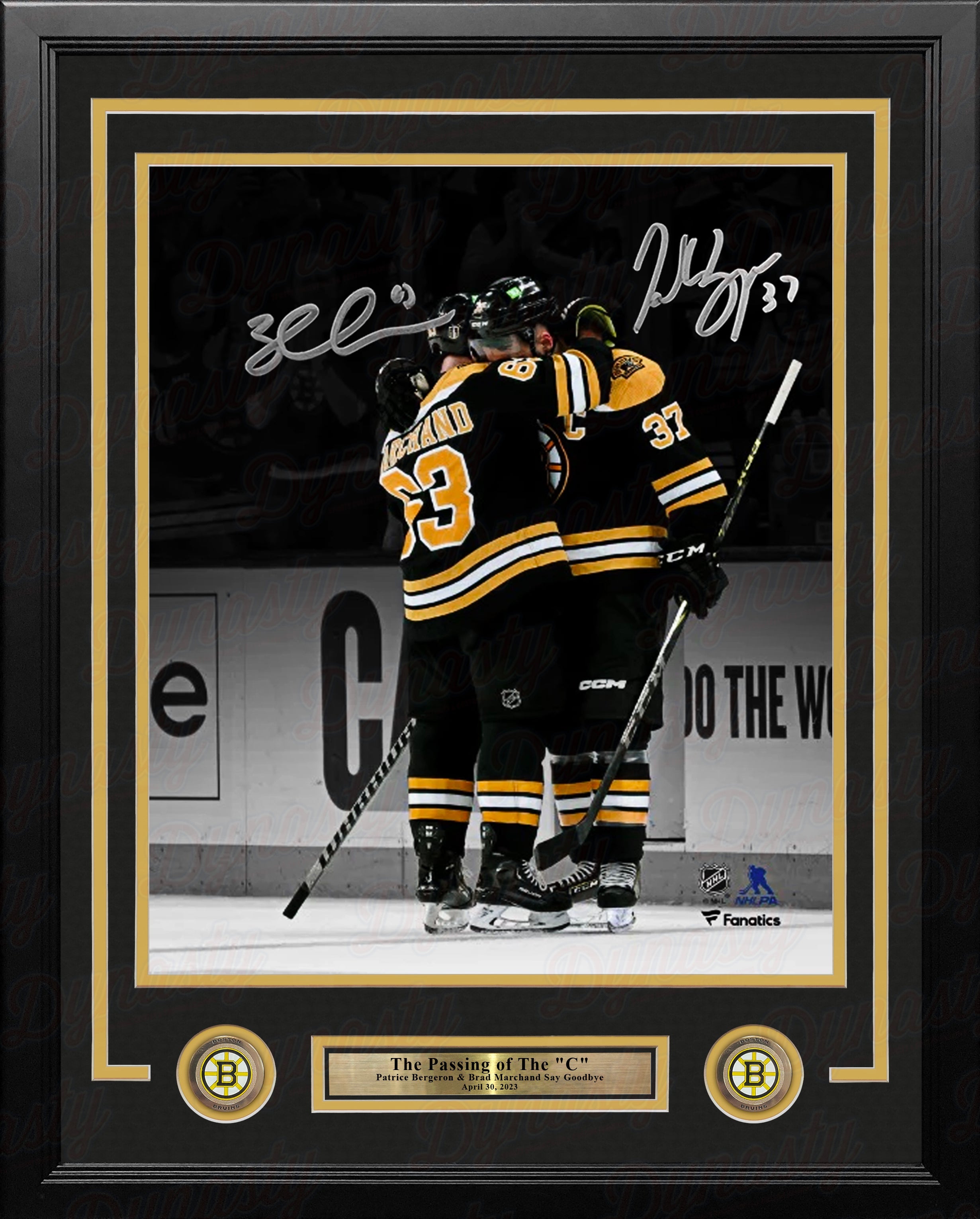Patrice Bergeron & Brad Marchand Final Game Hug Boston Bruins Autographed 16" x 20" Framed Photo - Sports Collectibles, Sports Memorabilia, Sports Fan Shop, Sports Gifts