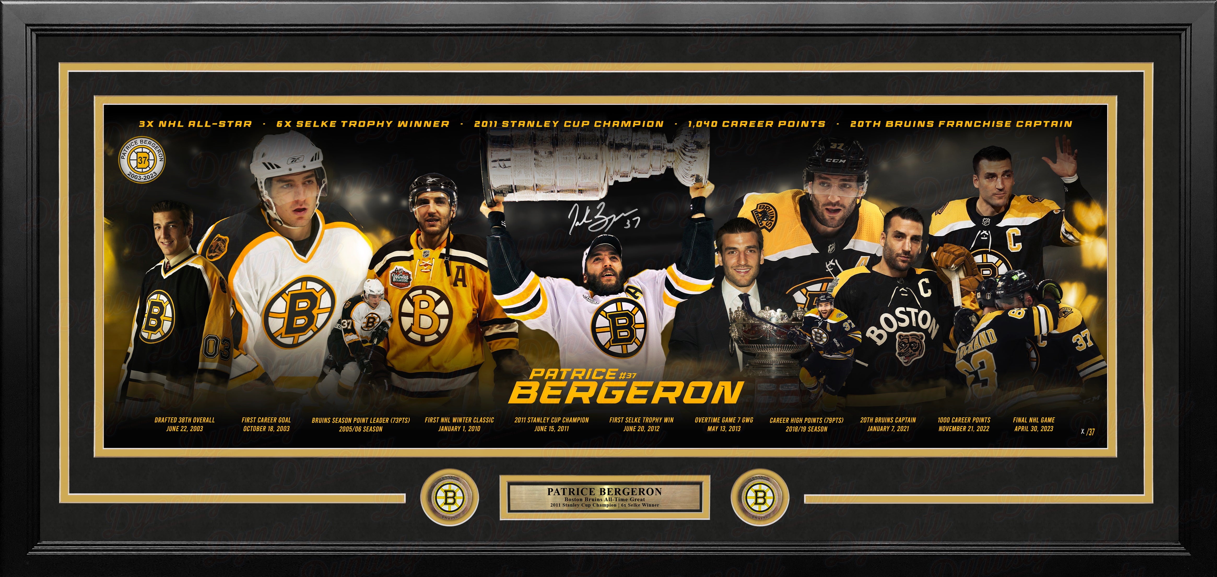 Patrice Bergeron Boston Bruins Career Highlights Autographed Framed 12" x 36" Hockey Panorama - Limited Edition of 37 - Sports Collectibles, Sports Memorabilia, Sports Fan Shop, Sports Gifts