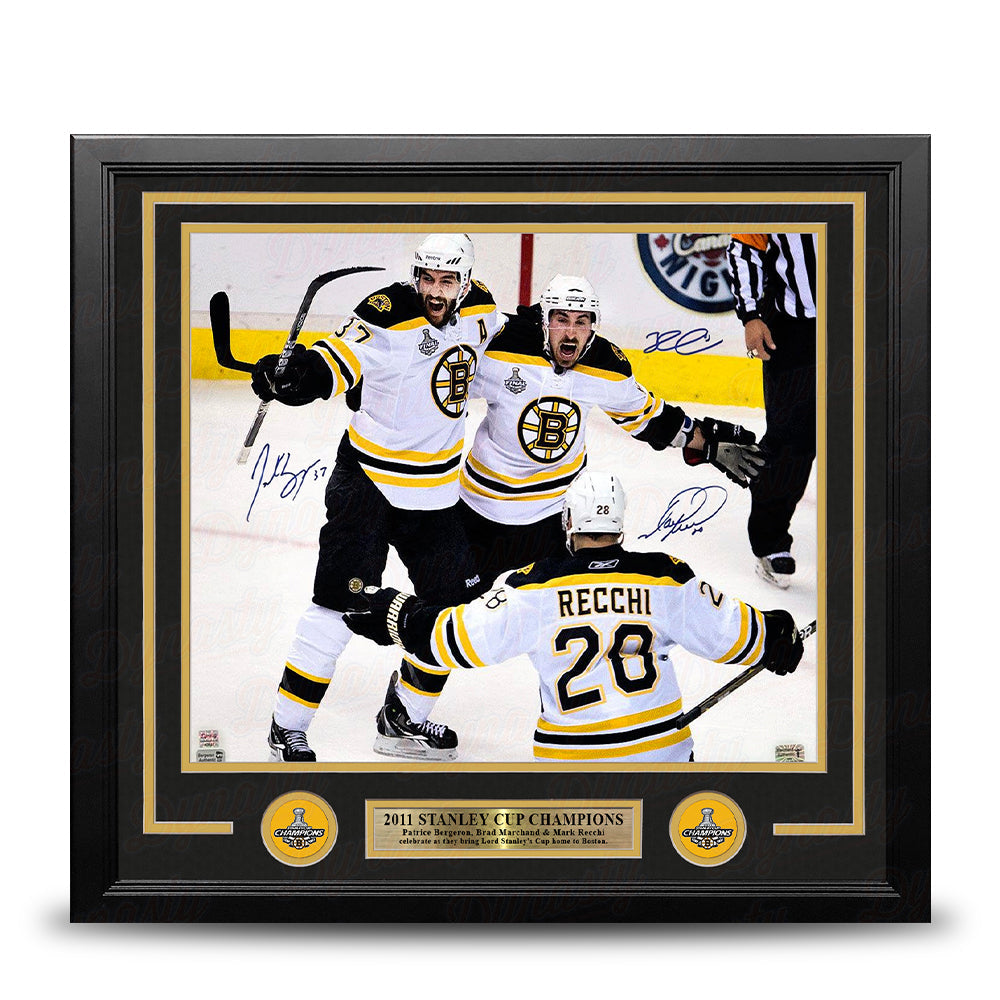 Patrice Bergeron, Mark Recchi, & Brad Marchand Autographed Boston Bruins 16" x 20" Framed Photo - Sports Collectibles, Sports Memorabilia, Sports Fan Shop, Sports Gifts