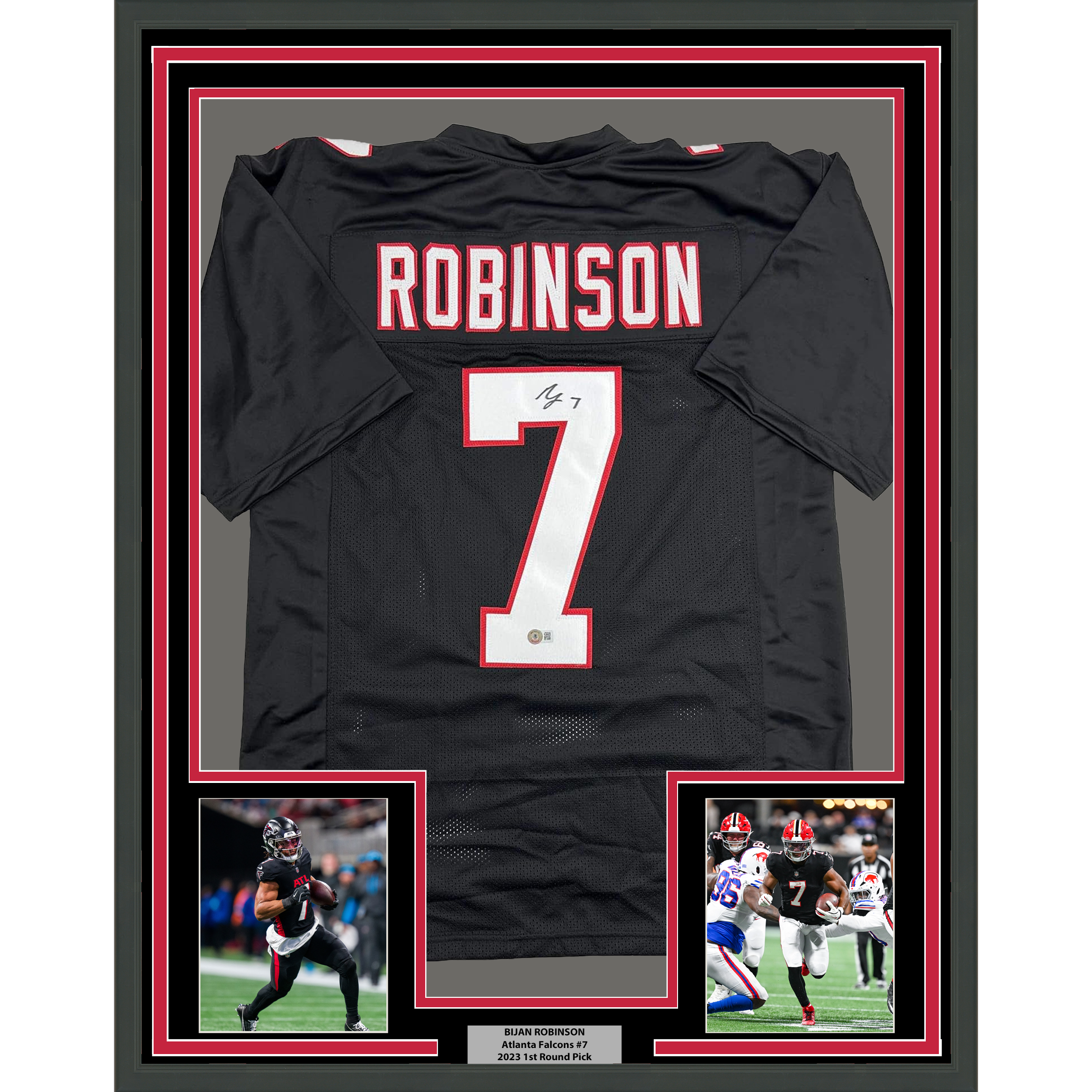 Framed Autographed/Signed Bijan Robinson 35x39 Atlanta Retro Black Football Jersey Beckett BAS COA