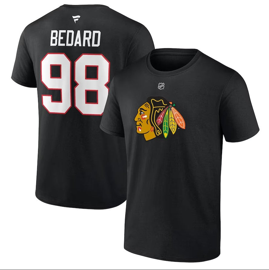 Connor Bedard Chicago Blackhawks Authentic Stack Name & Number T-Shirt - Black - Sports Collectibles, Sports Memorabilia, Sports Fan Shop, Sports Gifts