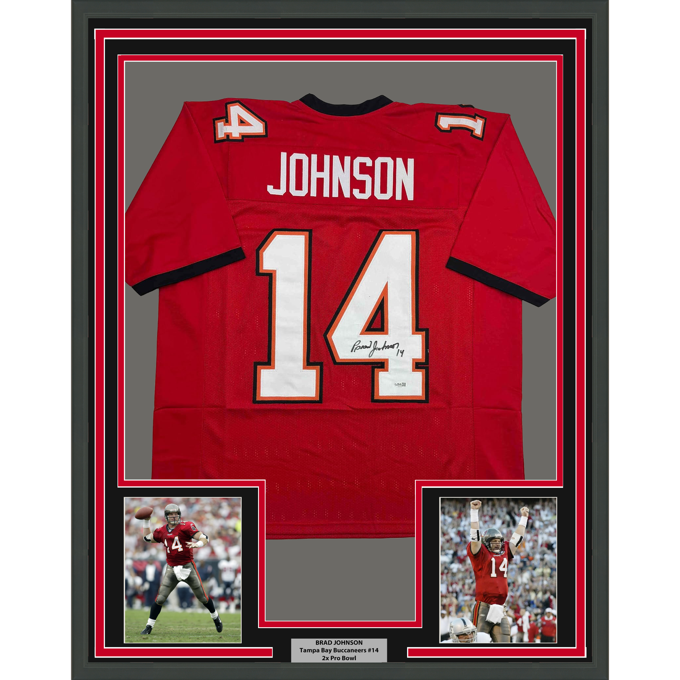 Framed Autographed/Signed Brad Johnson 35x39 Tampa Bay Red Football Jersey Beckett BAS COA