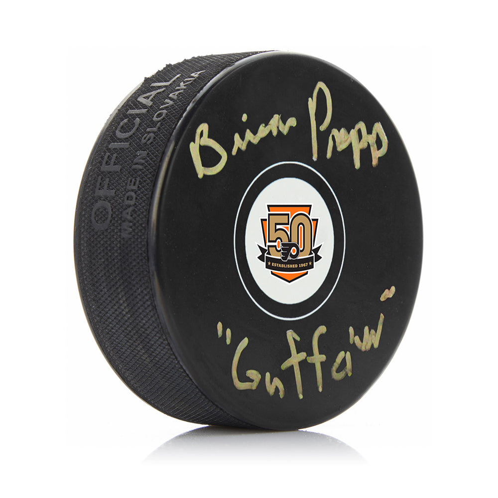 Brian Propp Autographed Philadelphia Flyers Hockey 50th Anniversary Logo Puck Inscribed "Guffaw" - Sports Collectibles, Sports Memorabilia, Sports Fan Shop, Sports Gifts