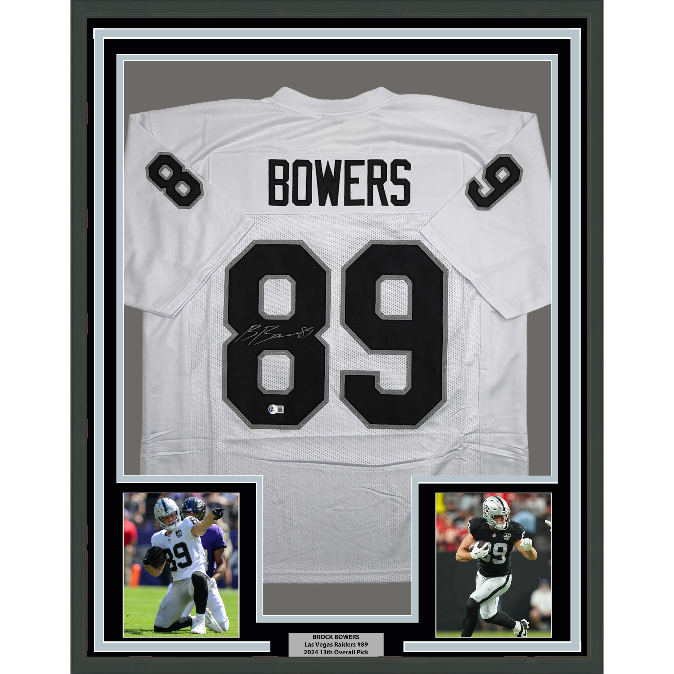 Framed Autographed/Signed Brock Bowers 35x39 Las Vegas Oakland White Football Jersey Beckett BAS COA