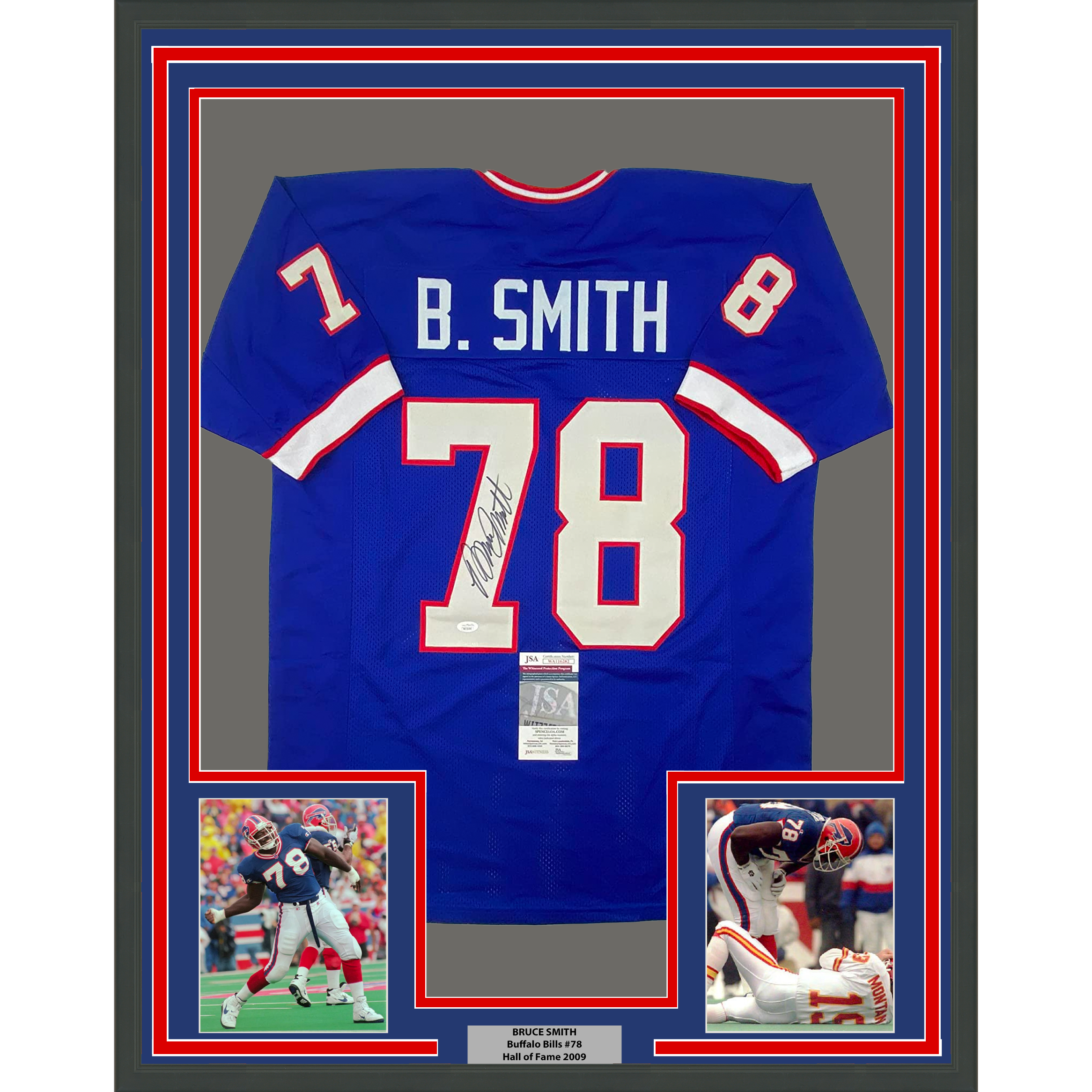 Framed Autographed/Signed Bruce Smith 35x39 Buffalo Blue Football Jersey JSA COA