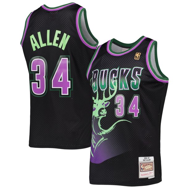 Ray Allen Milwaukee Bucks Mitchell & Ness Black Reload 2.0 Jersey, perfect for game day with bold throwback graphics.