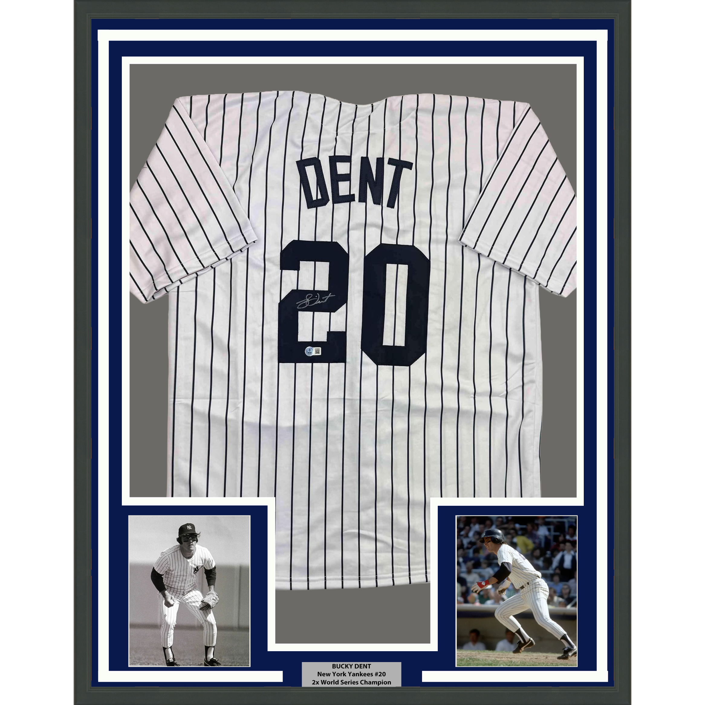 Framed Autographed/Signed Bucky Dent 35x39 New York Pinstripe Baseball Jersey Beckett BAS COA