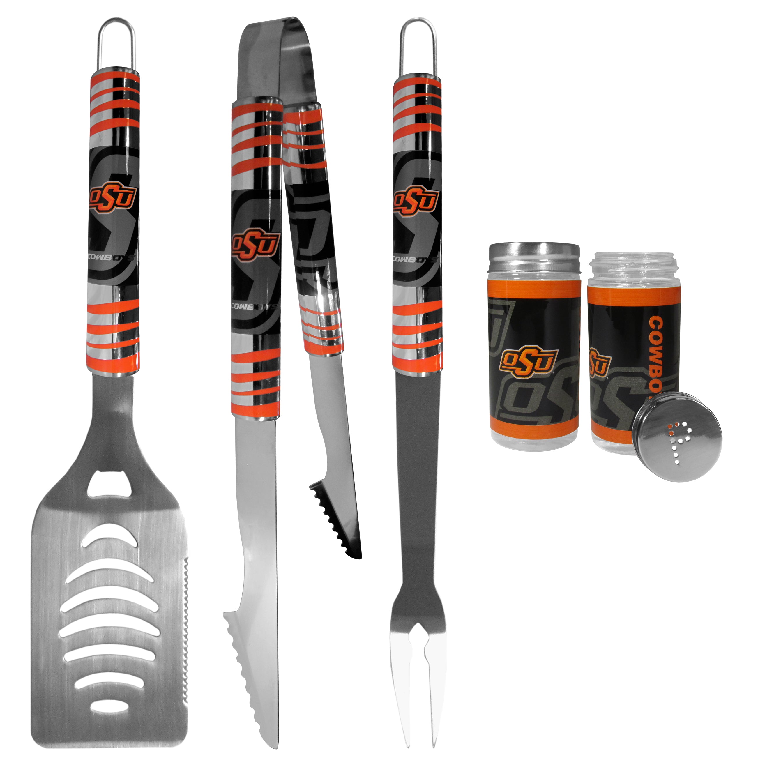 Oklahoma St. Cowboys 3 pc Tailgater BBQ Set and Salt and Pepper Shaker Set