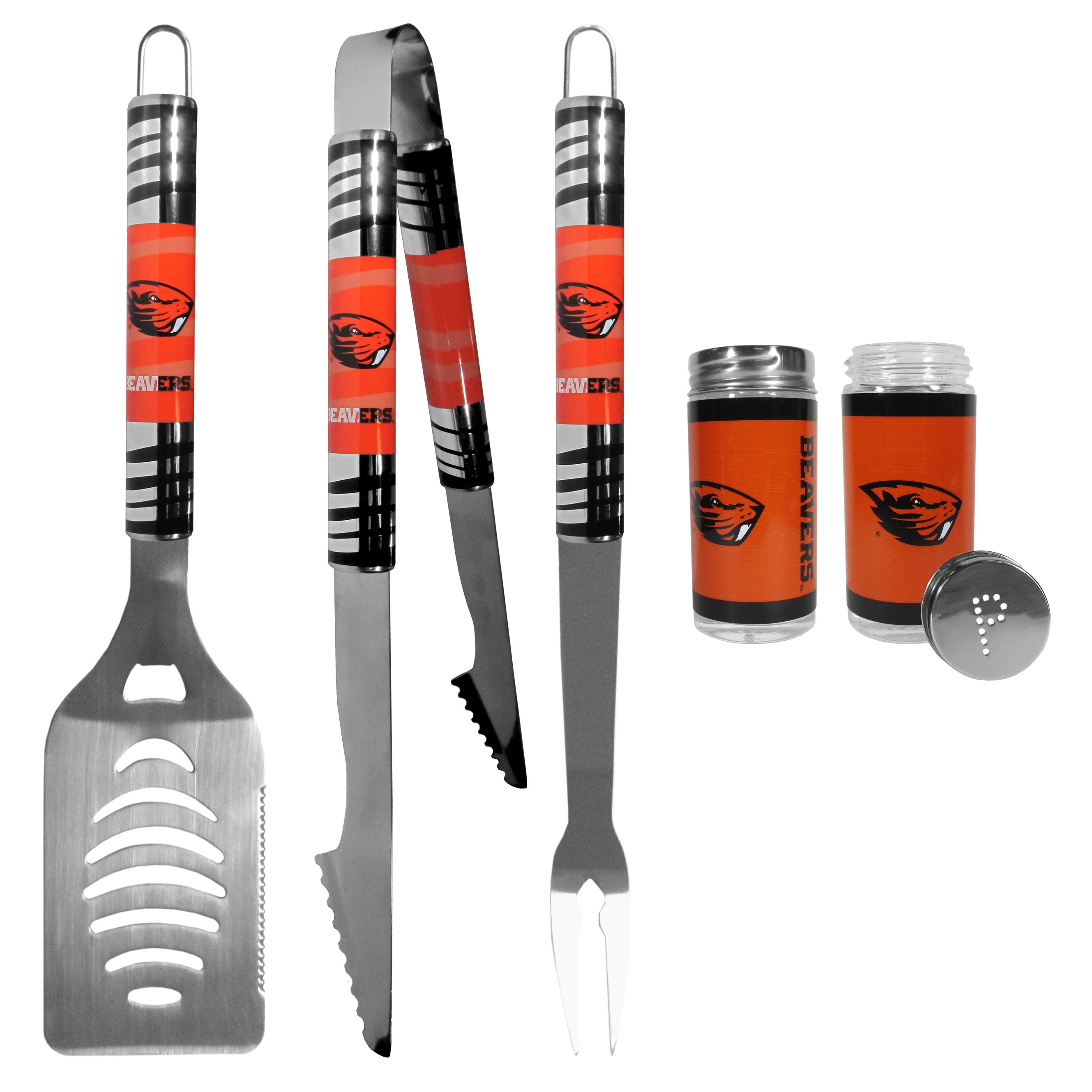 Oregon St. Beavers 3 pc Tailgater BBQ Set and Salt and Pepper Shaker Set