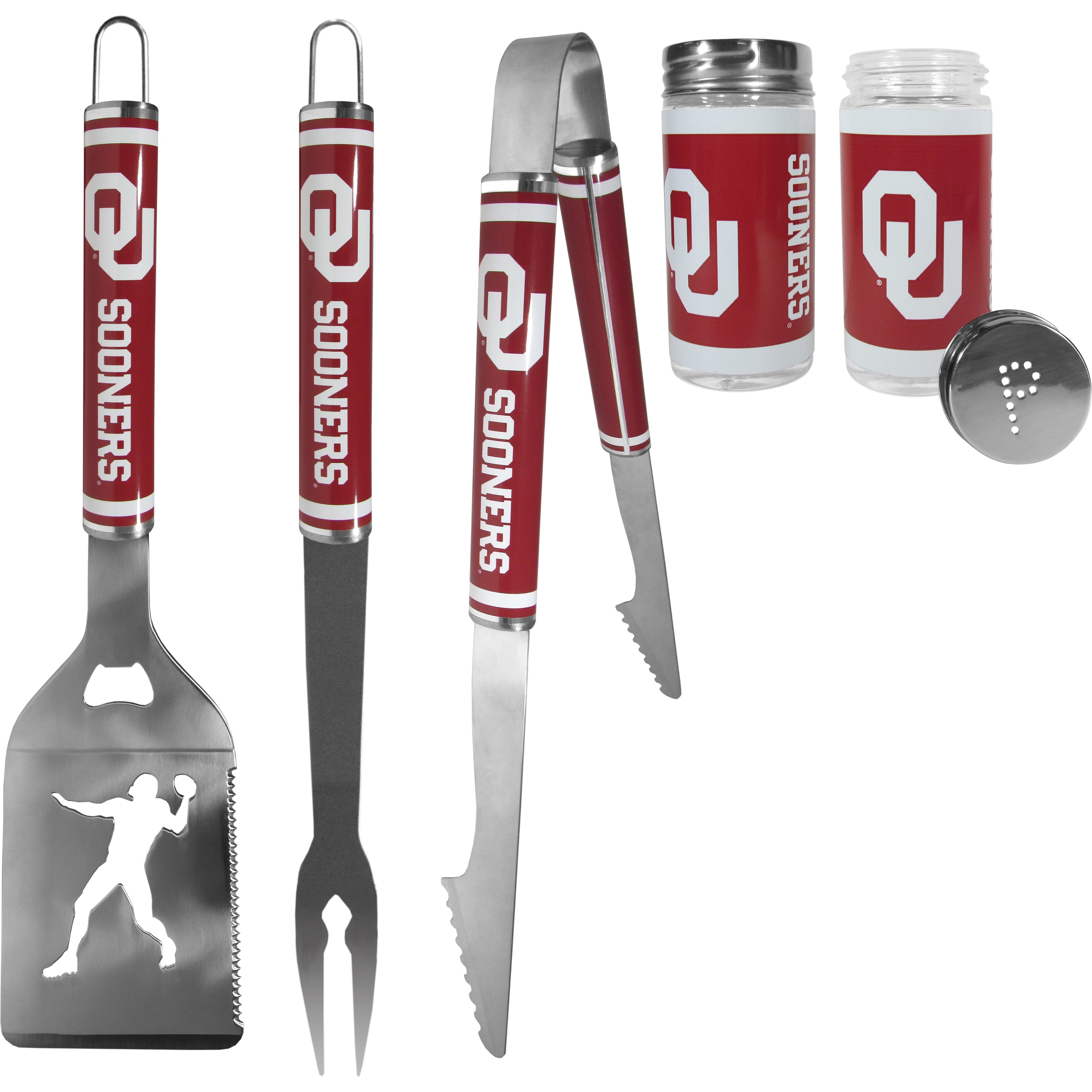 Oklahoma Sooners 3 pc Steel Logo BBQ Tools w/Shakers