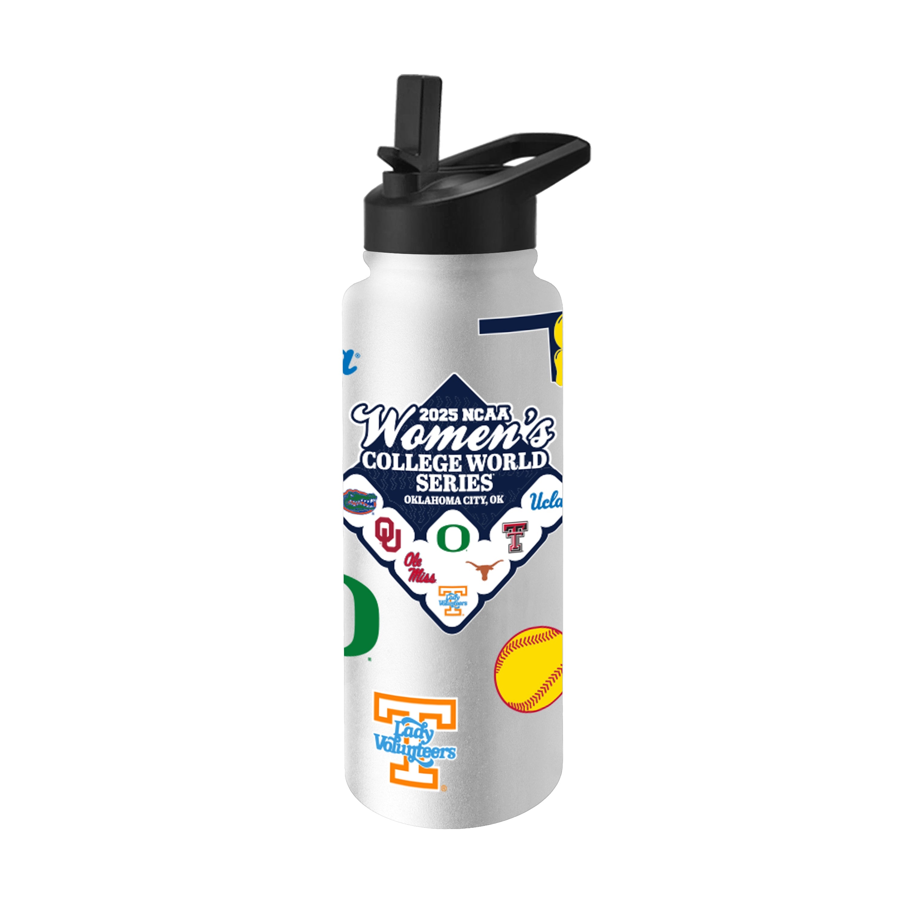 The 2025 NCAA Women's Softball 34 oz. Quencher Bottle is durable, double-walled, and vacuum insulated. It features a no-spill lid, flip top spout, and easy-carry handle. Keeps drinks cold for hours and has a wide opening for easy filling.