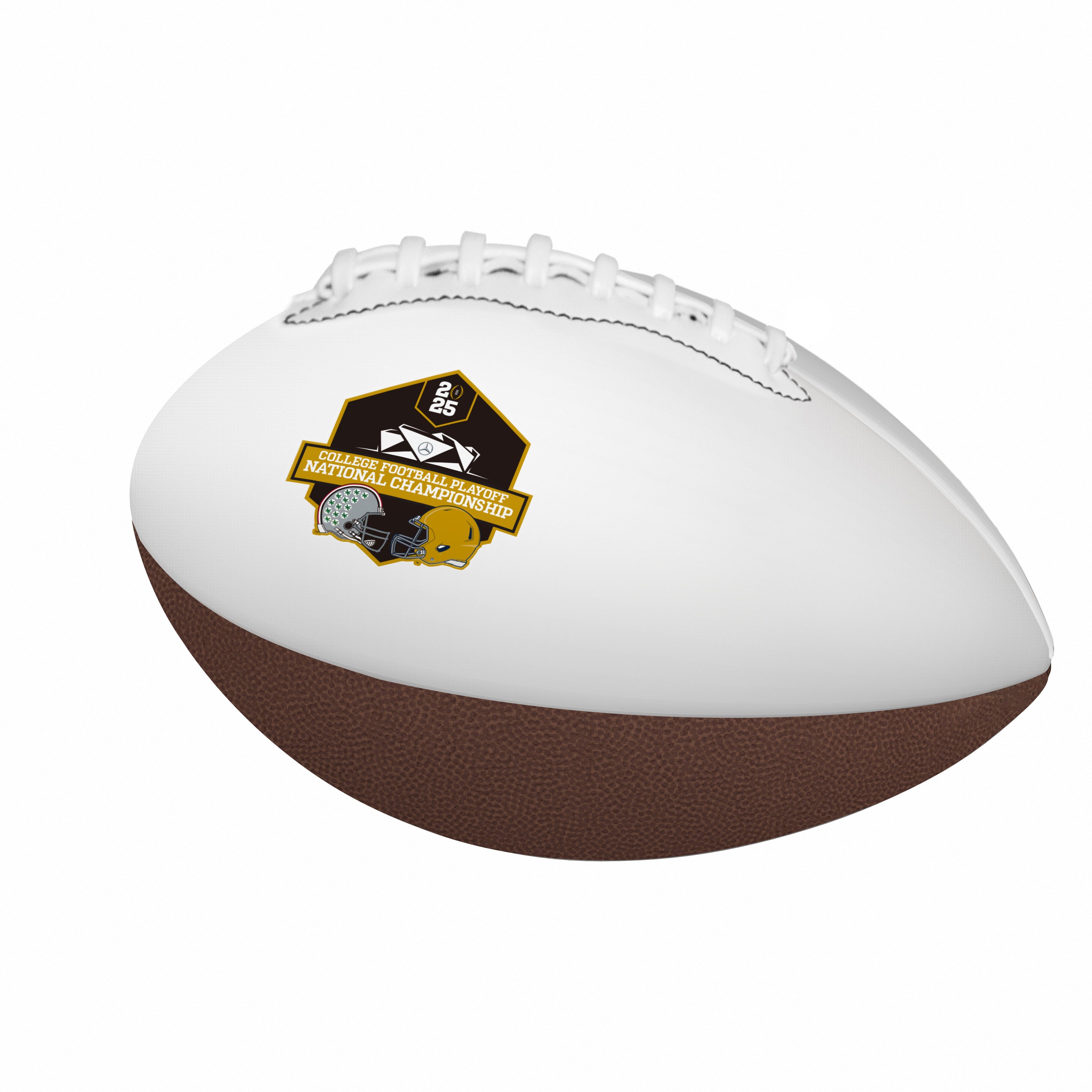The 2025 College Football Playoffs Dueling Mini Autograph Football features two smooth white panels for signatures, a large team logo, and is made of composite material. Ships deflated; best signed with a permanent marker.