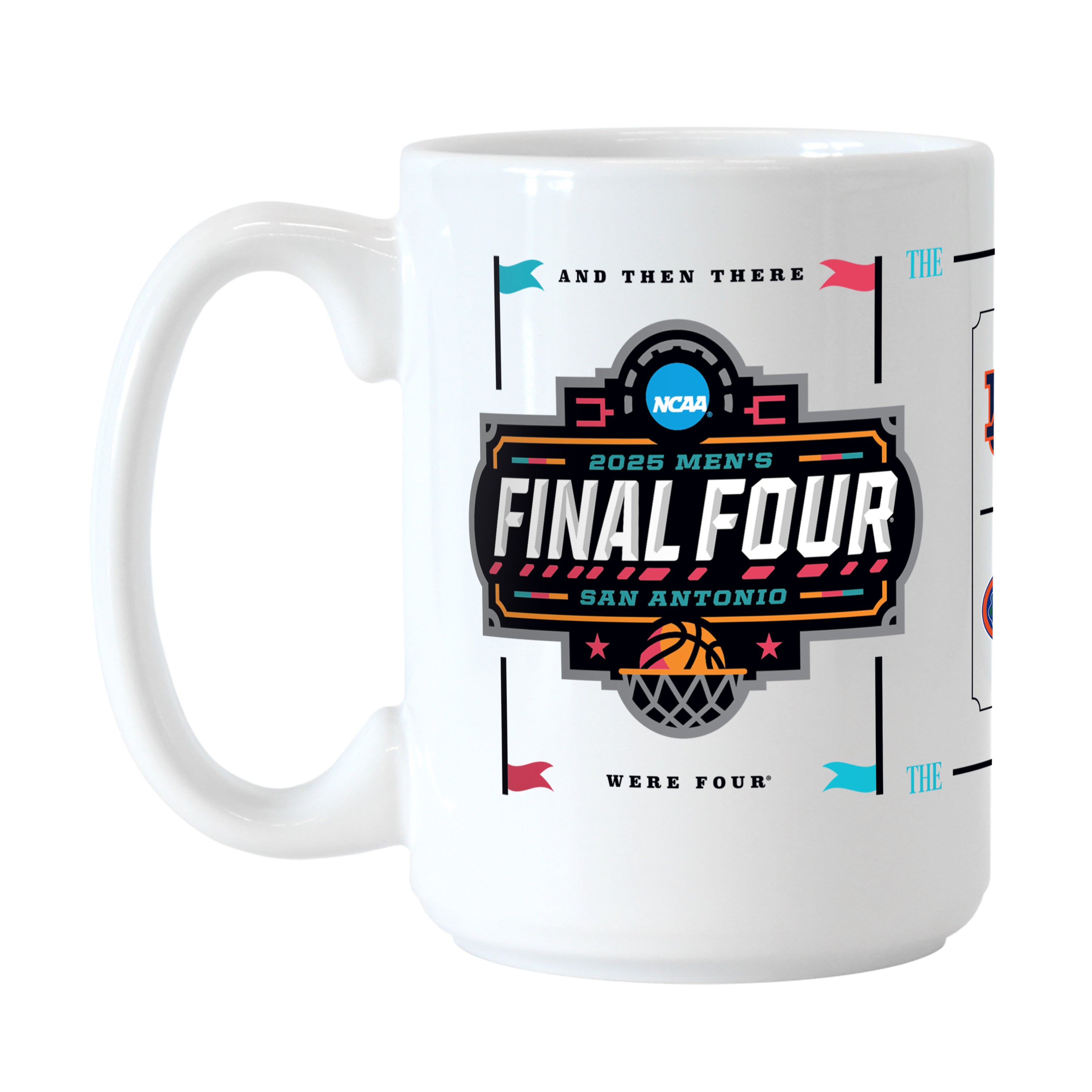 The 2025 Men's Basketball Final 4 Teams 15oz Mug is a white ceramic mug featuring team colors and logos. It holds 15 oz, has straight walls, a C-shape handle, and is both microwave and dishwasher safe.