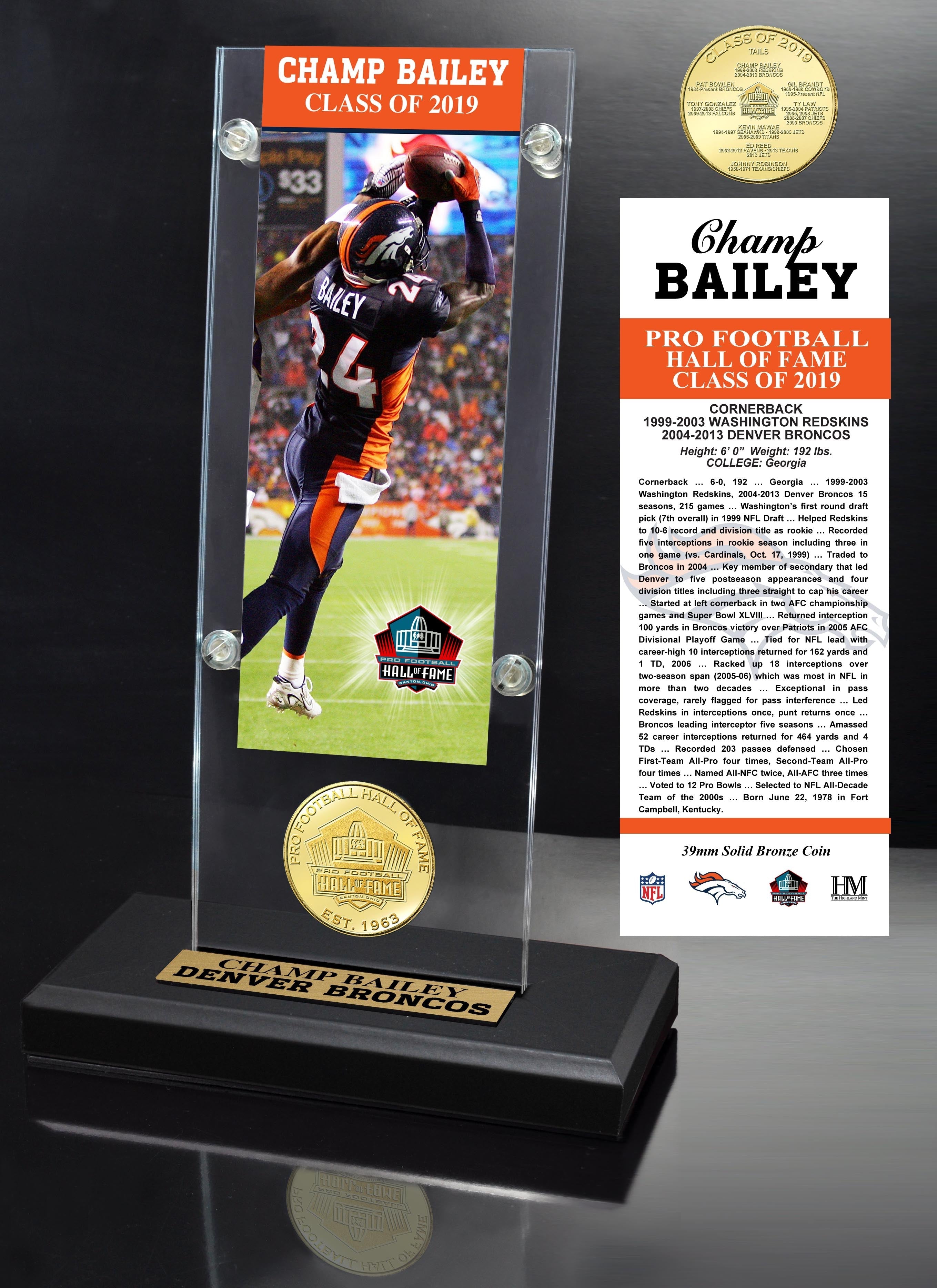 Champ Bailey Hall of Fame 2019 Bronze Coin Acrylic Desk Top - Sports Collectibles, Sports Memorabilia, Sports Fan Shop, Sports Gifts