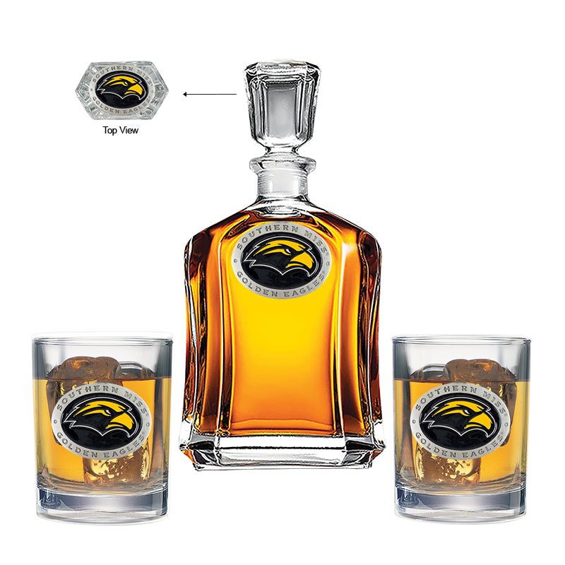 University of Southern Mississippi Capitol Decanter with 2 Glasses