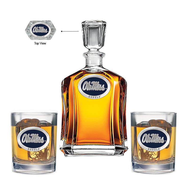 University of Mississippi "Ole Miss" Blue Logo Capitol Decanter with 2 Glasses - Sports Gifts, Sports Memorabilia, Sports Collectibles, Fan Shop