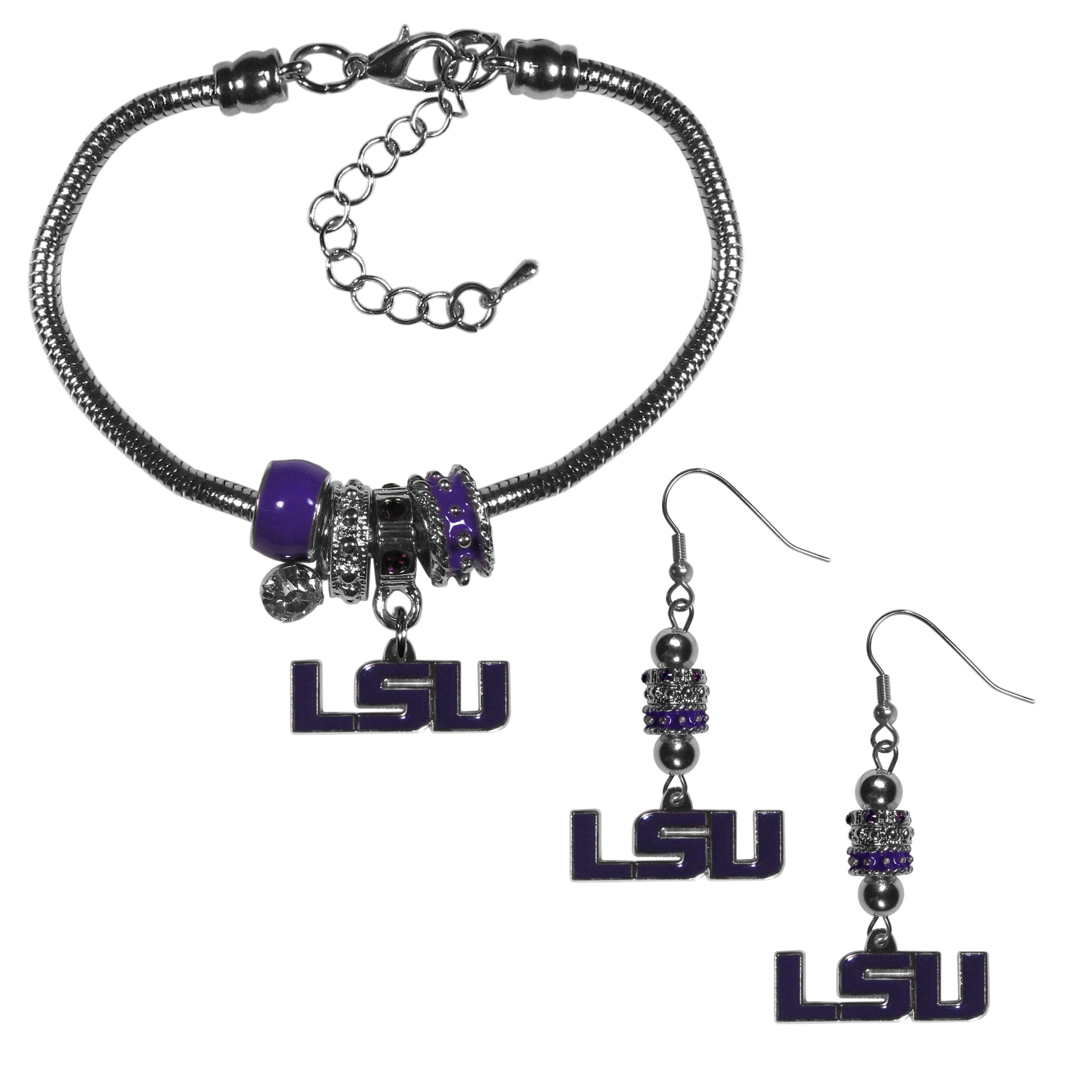 LSU Tigers Euro Bead Earrings and Bracelet Set
