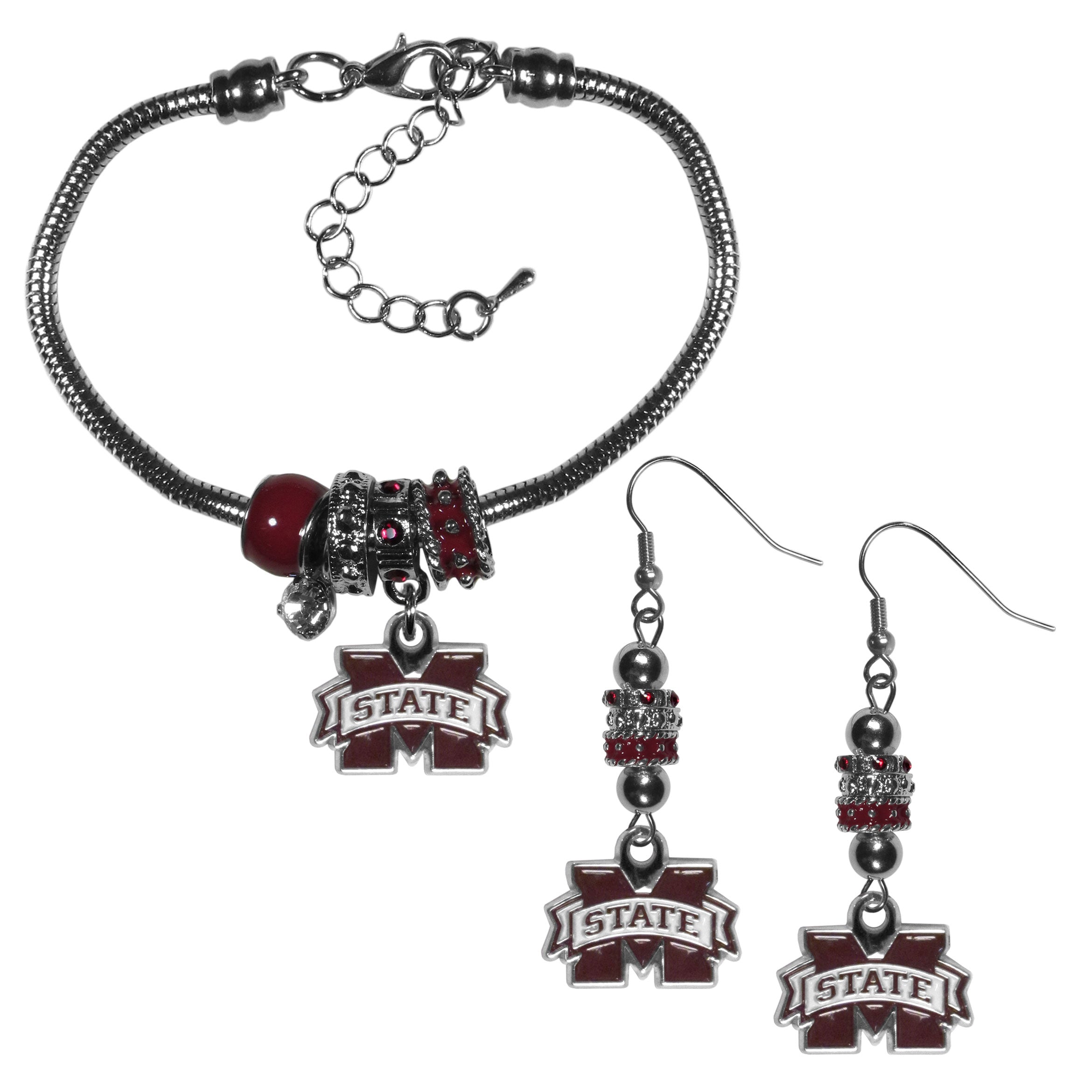 Mississippi St. Bulldogs Euro Bead Earrings and Bracelet Set - Sports Gifts, Sports Memorabilia, Sports Collectibles, Fan Shop