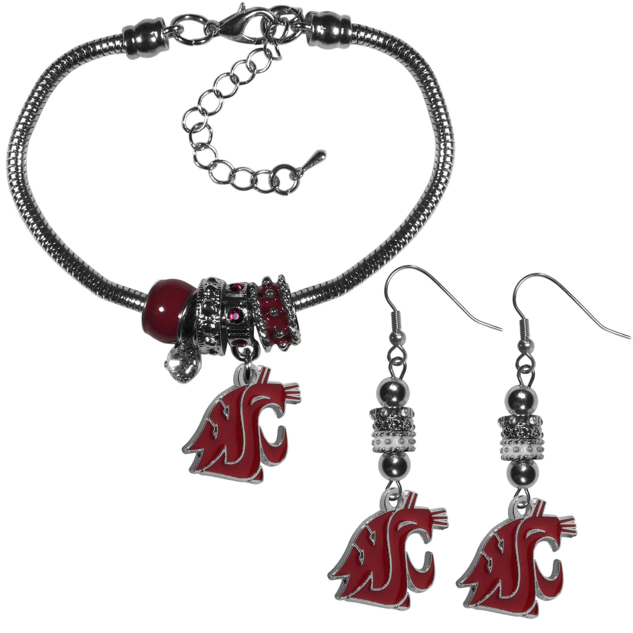 Washington St. Cougars Euro Bead Earrings and Bracelet Set - Sports Gifts, Sports Memorabilia, Sports Collectibles, Fan Shop