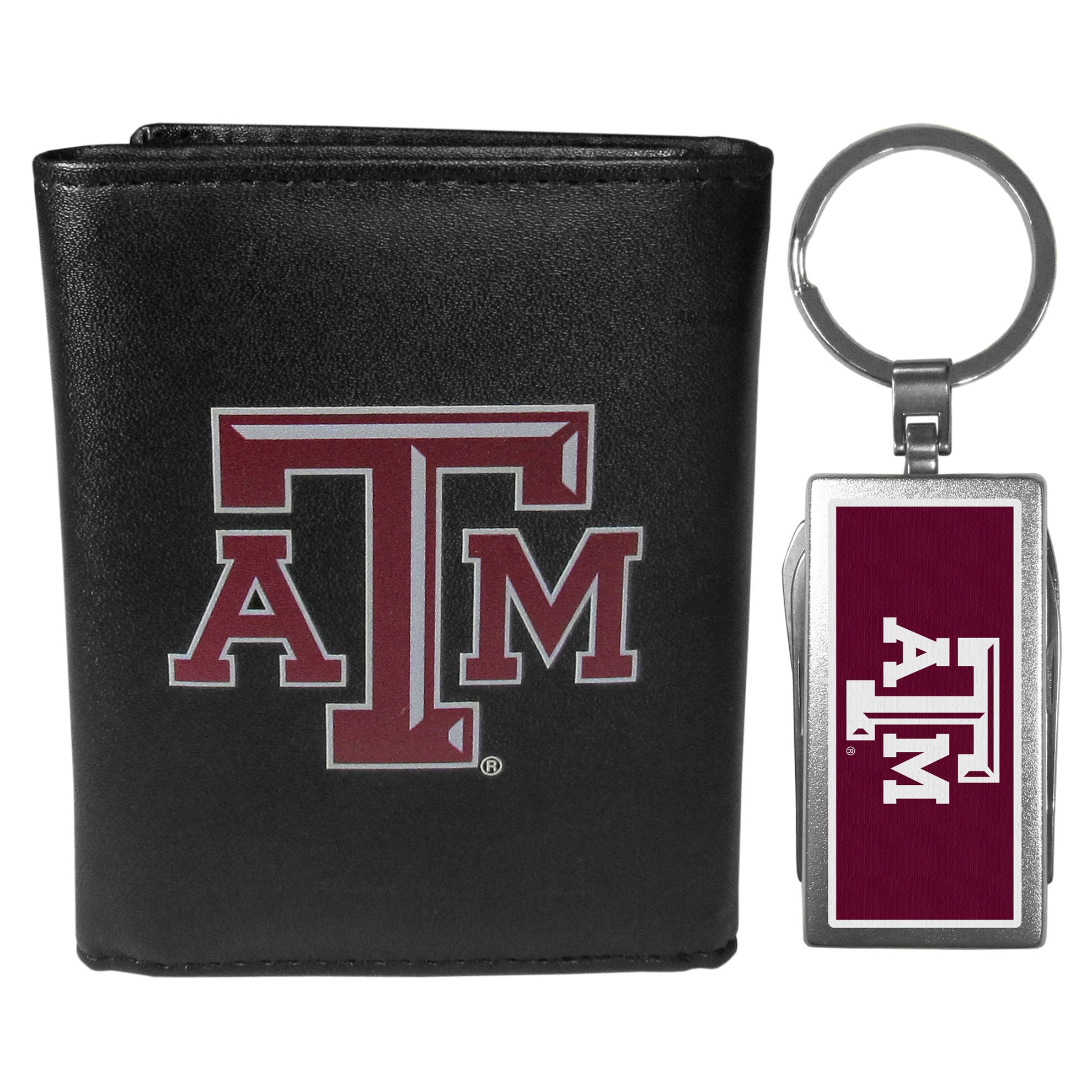 Texas A & M Aggies Leather Tri-fold Wallet & Multitool Key Chain, Black