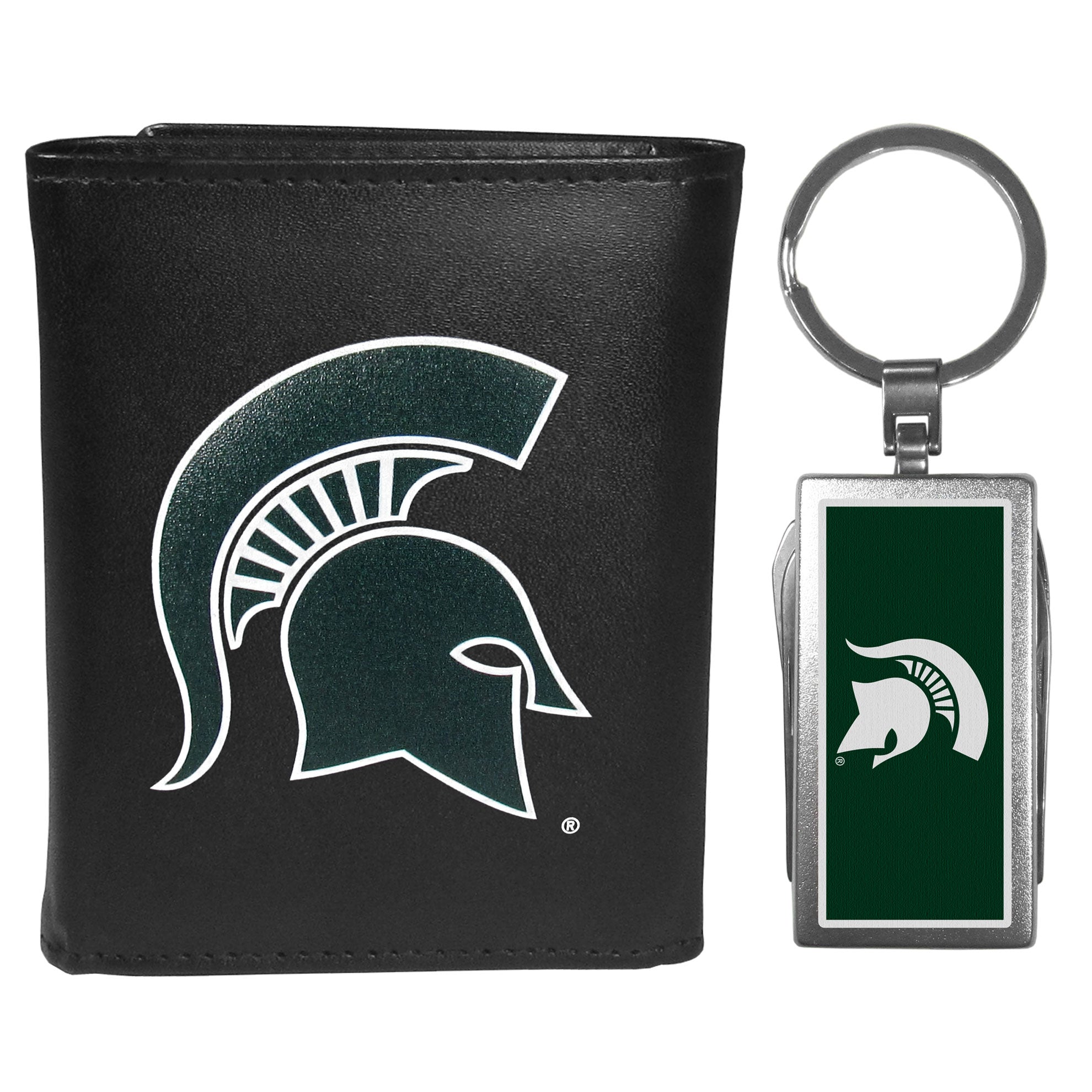 Michigan St. Spartans Leather Tri-fold Wallet & Multitool Key Chain, Black