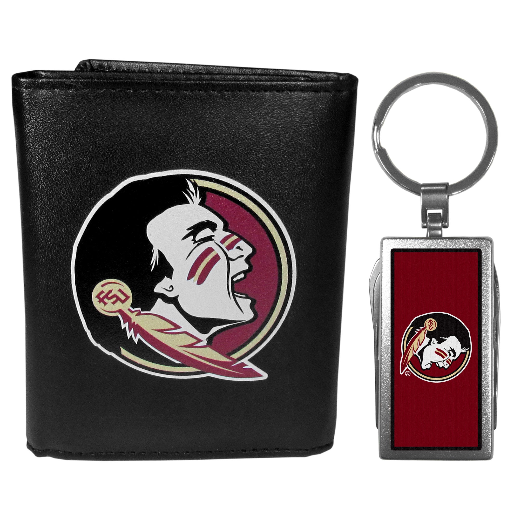 Florida St. Seminoles Leather Tri-fold Wallet & Multitool Key Chain, Black