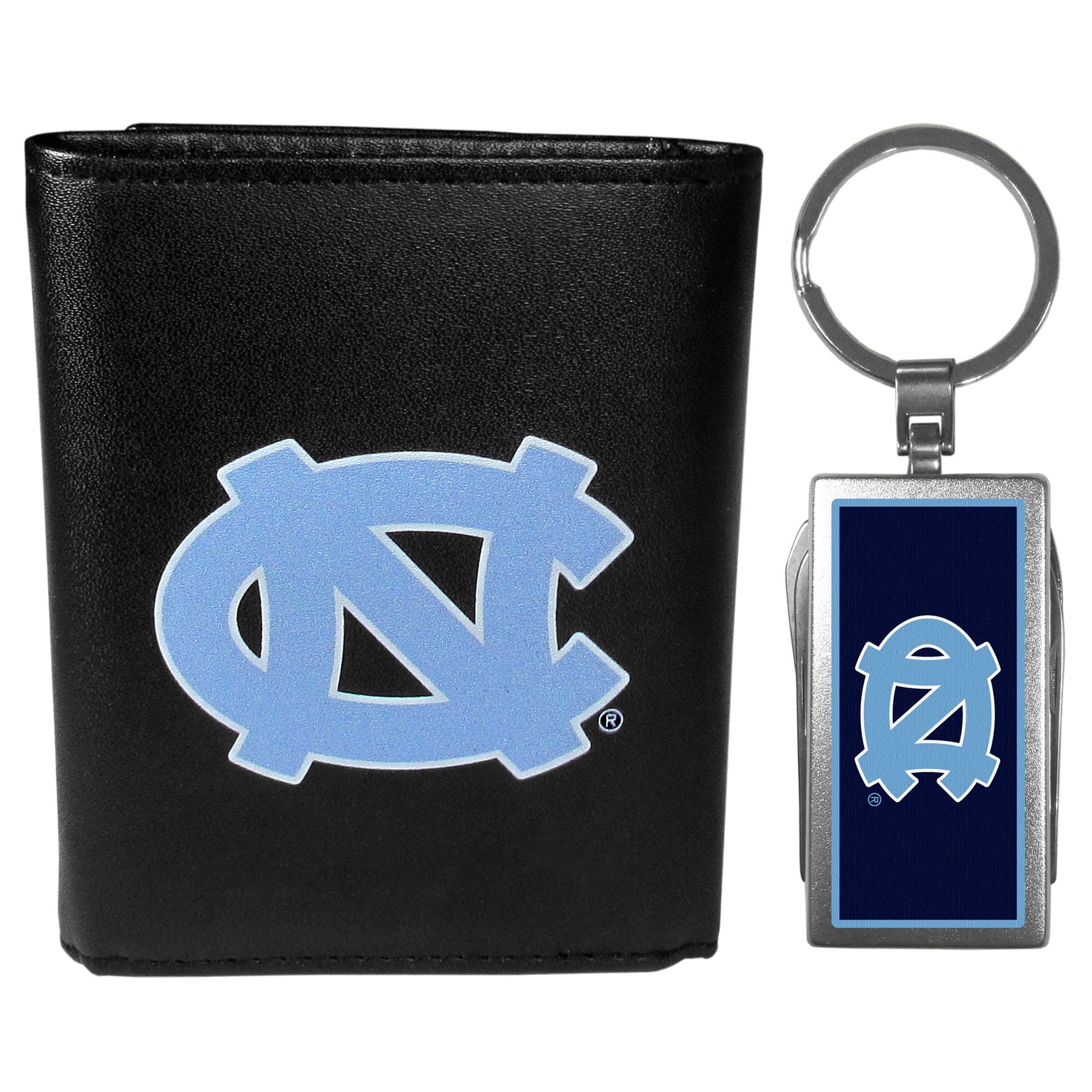 N. Carolina Tar Heels Leather Tri-fold Wallet & Multitool Key Chain, Black