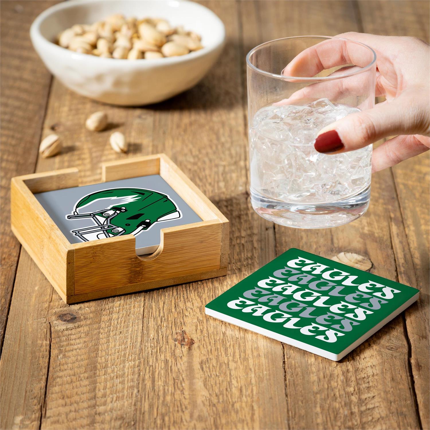 Philadelphia Eagles Throwback Ceramic Coasters Set, 4pcs with Wood Caddy - Sports Gifts, Sports Memorabilia, Sports Collectibles, Fan Shop