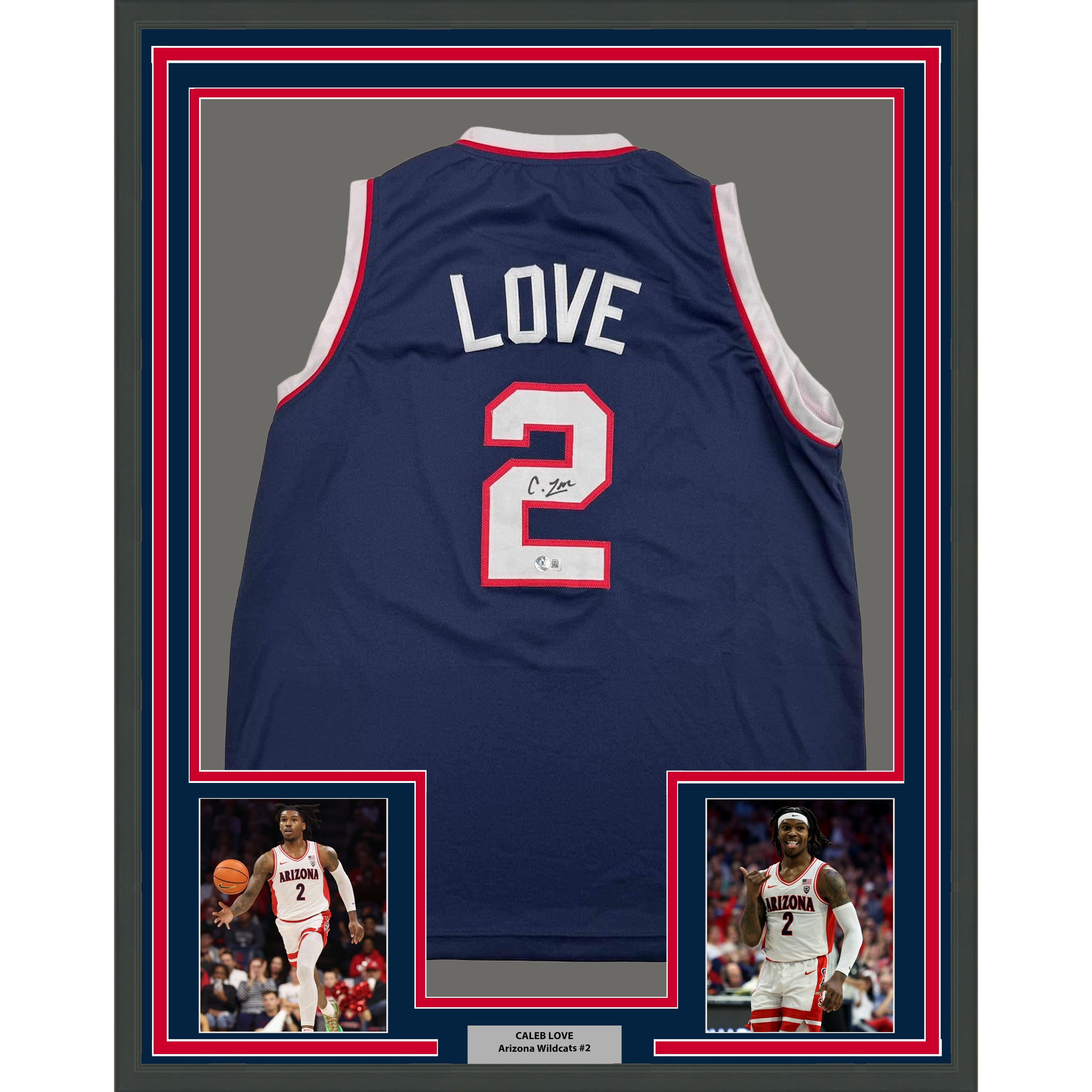 Framed Autographed/Signed Caleb Love 35x39 Arizona Blue College Basketball Jersey Beckett BAS COA