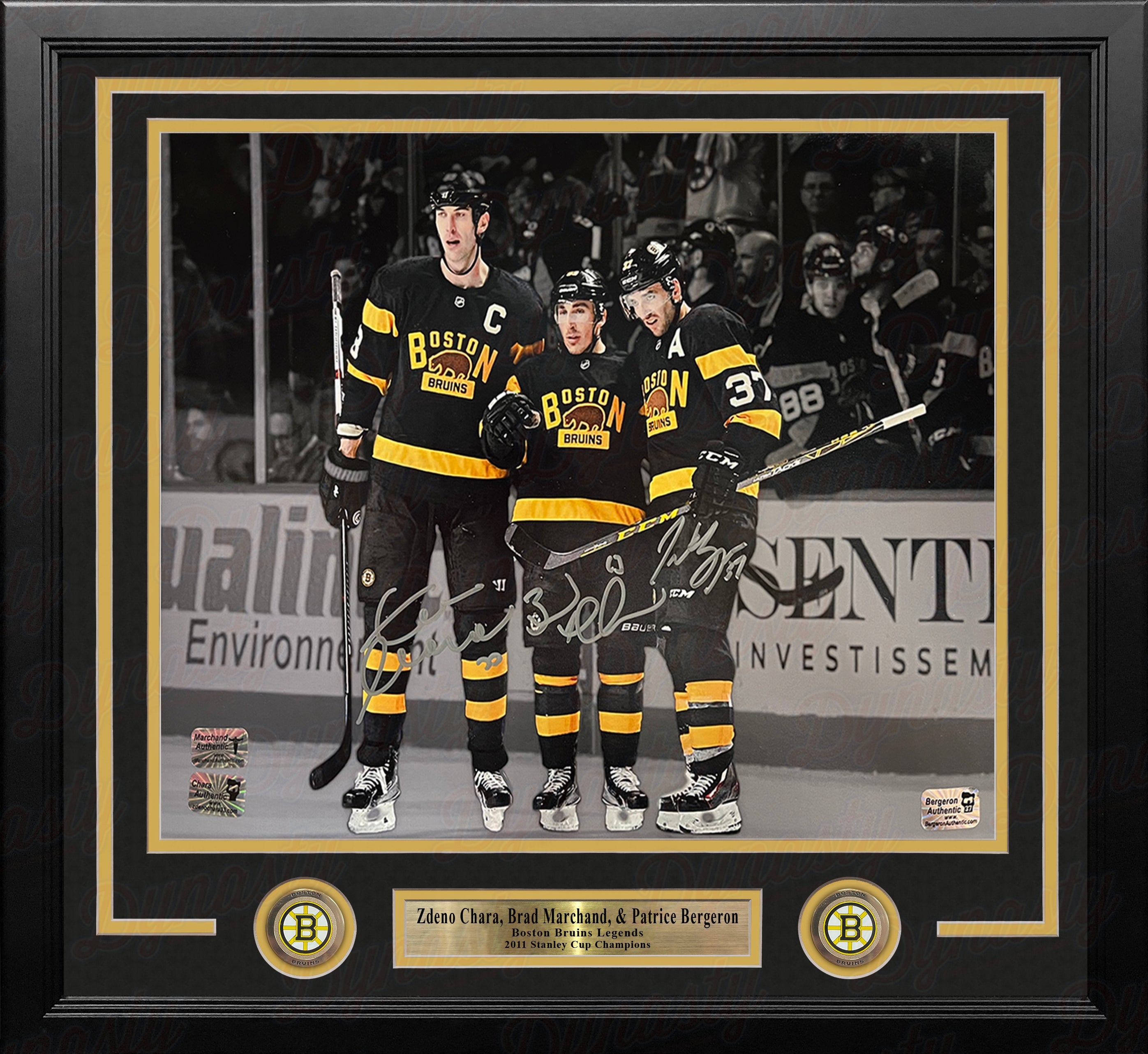 Zdeno Chara, Brad Marchand, Patrice Bergeron Boston Bruins Autographed 11x14 Framed Blackout Photo - Sports Collectibles, Sports Memorabilia, Sports Fan Shop, Sports Gifts