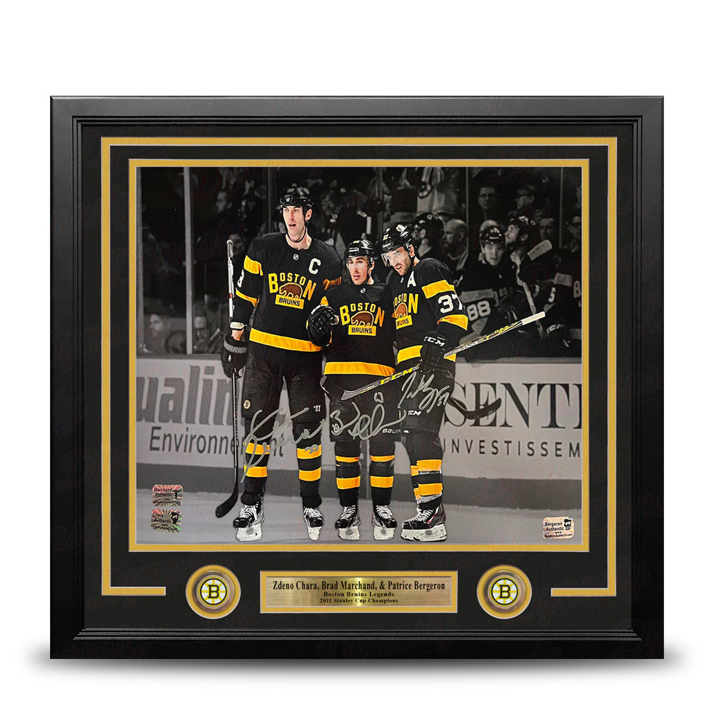 Zdeno Chara, Brad Marchand, Patrice Bergeron Boston Bruins Autographed 11x14 Framed Blackout Photo - Sports Collectibles, Sports Memorabilia, Sports Fan Shop, Sports Gifts