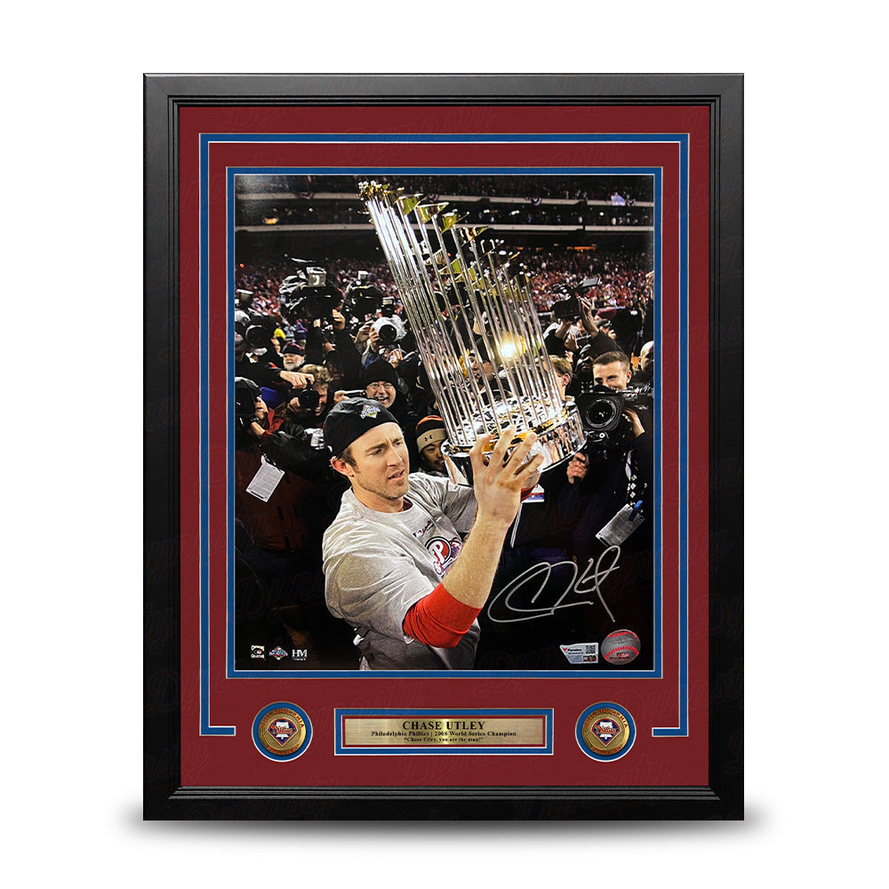 Chase Utley 2008 World Series Trophy Philadelphia Phillies Autographed 11" x 14" Framed Baseball Photo - Sports Collectibles, Sports Memorabilia, Sports Fan Shop, Sports Gifts