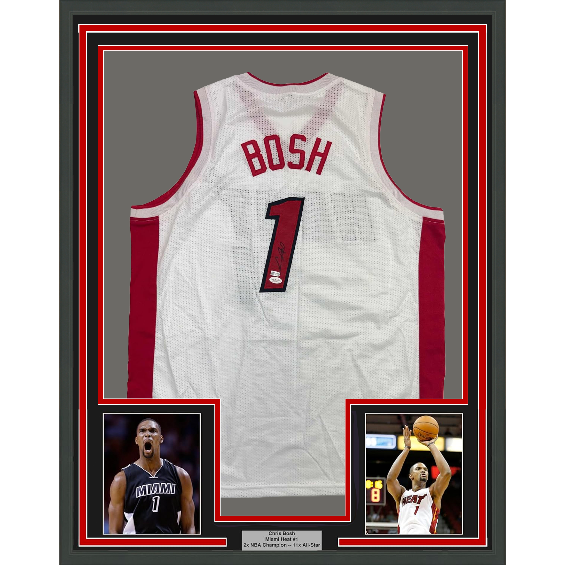 Framed Autographed/Signed Chris Bosh 35x39 Miami White Basketball Jersey JSA COA