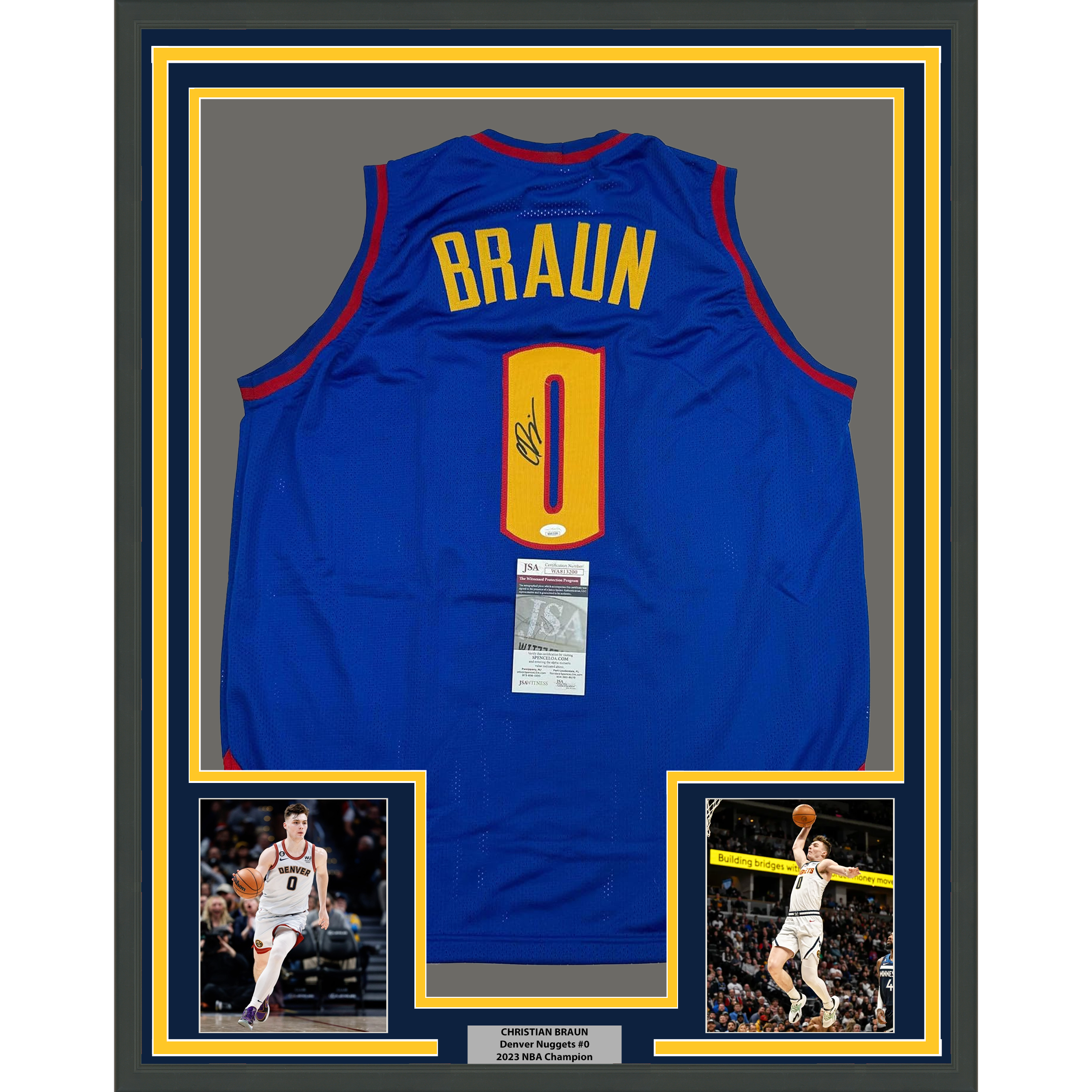 Framed Autographed/Signed Christian Braun 35x39 Denver Royal Blue Basketball Jersey JSA COA