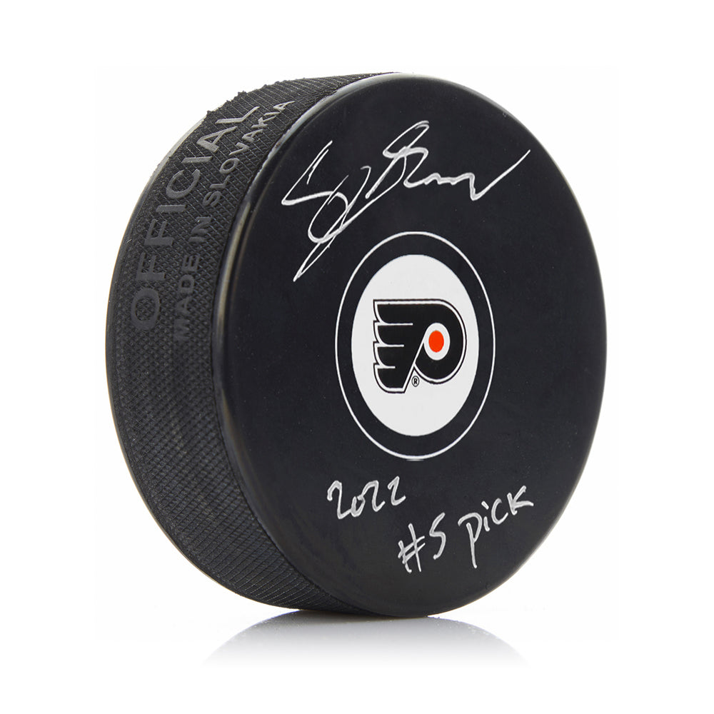 Cutter Gauthier Philadelphia Flyers Autographed NHL Hockey Logo Puck with #5 Pick Inscription - Sports Collectibles, Sports Memorabilia, Sports Fan Shop, Sports Gifts