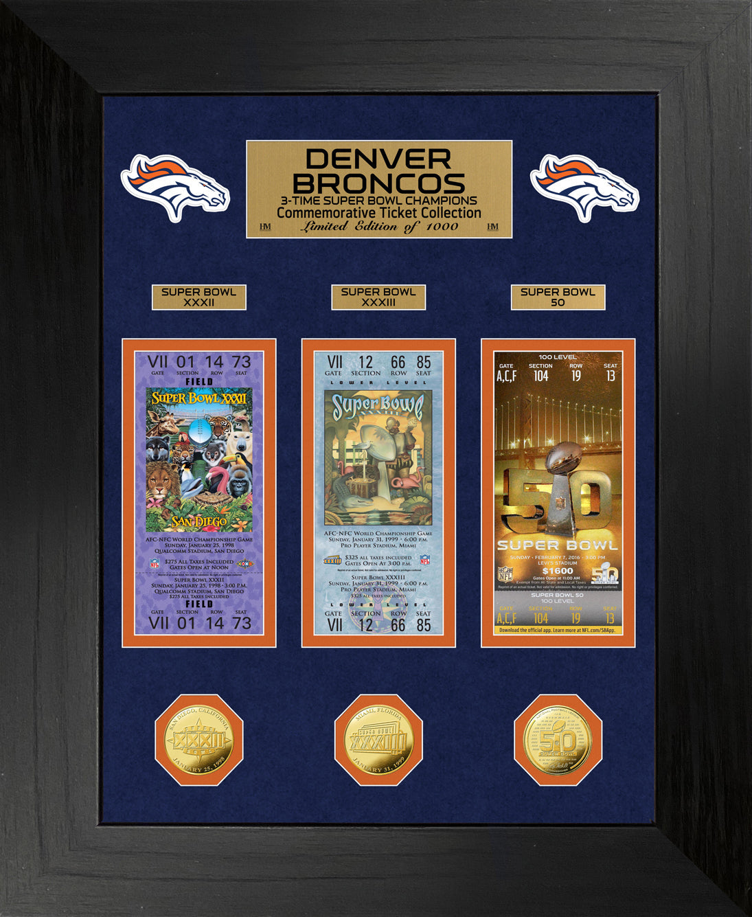 Denver Broncos 3-Time Super Bowl Champions Deluxe Gold Coin & Ticket Collection - Sports Collectibles, Sports Memorabilia, Sports Fan Shop, Sports Gifts