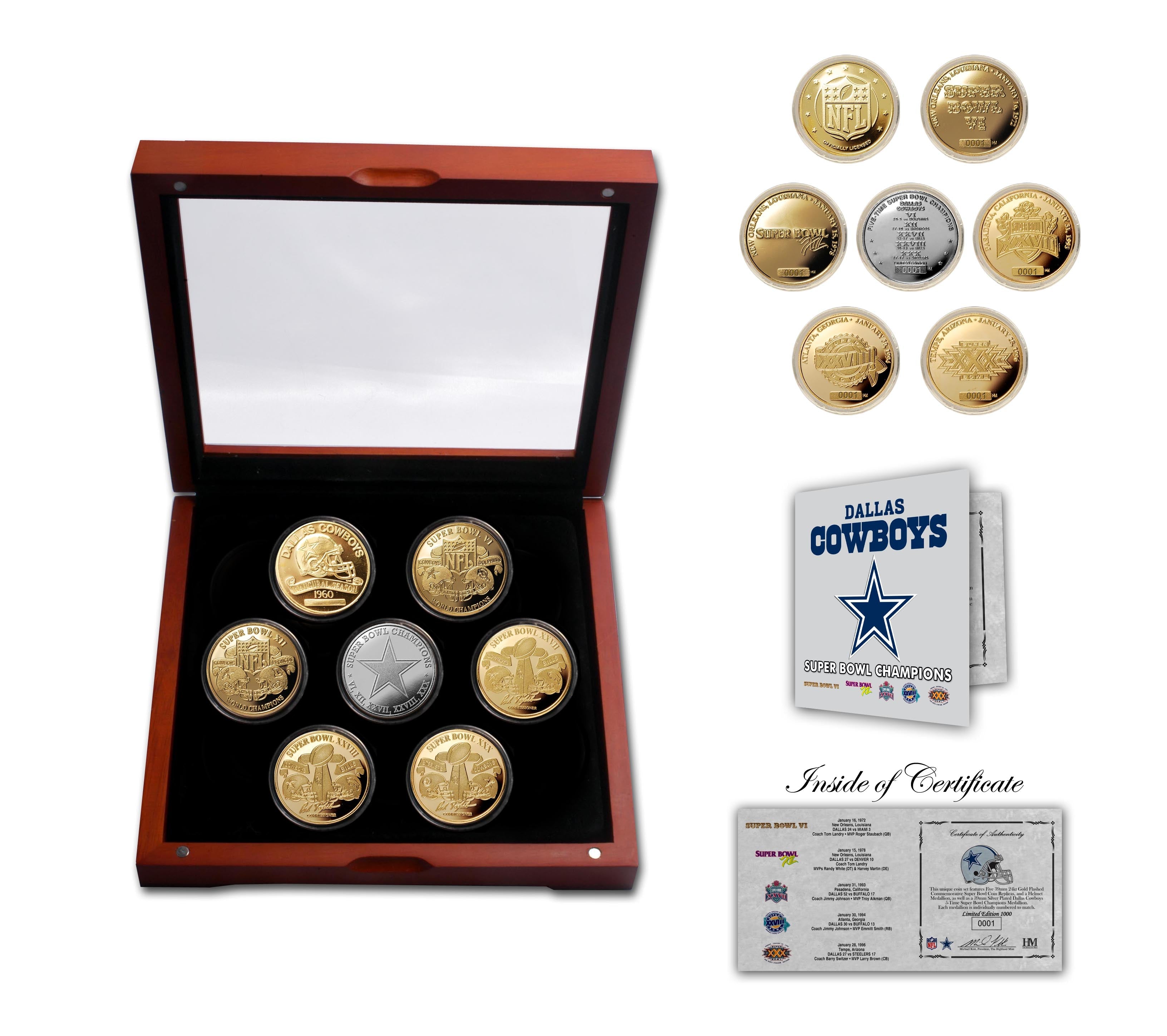 Dallas Cowboys 5-Time Super Bowl Champions 7 Coin Gold and Silver Coin Set - Sports Collectibles, Sports Memorabilia, Sports Fan Shop, Sports Gifts