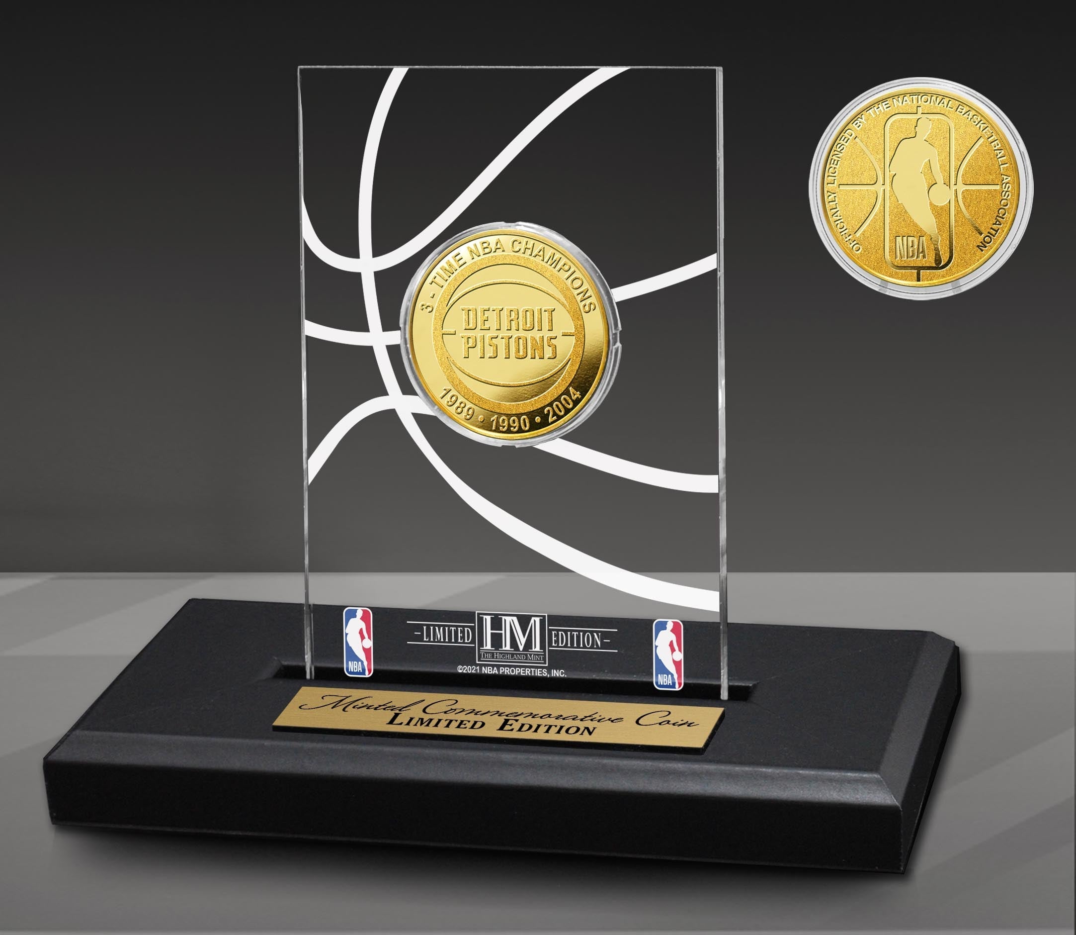 Detroit Pistons 3-Time Gold Coin Acrylic Desk Top - Sports Collectibles, Sports Memorabilia, Sports Fan Shop, Sports Gifts