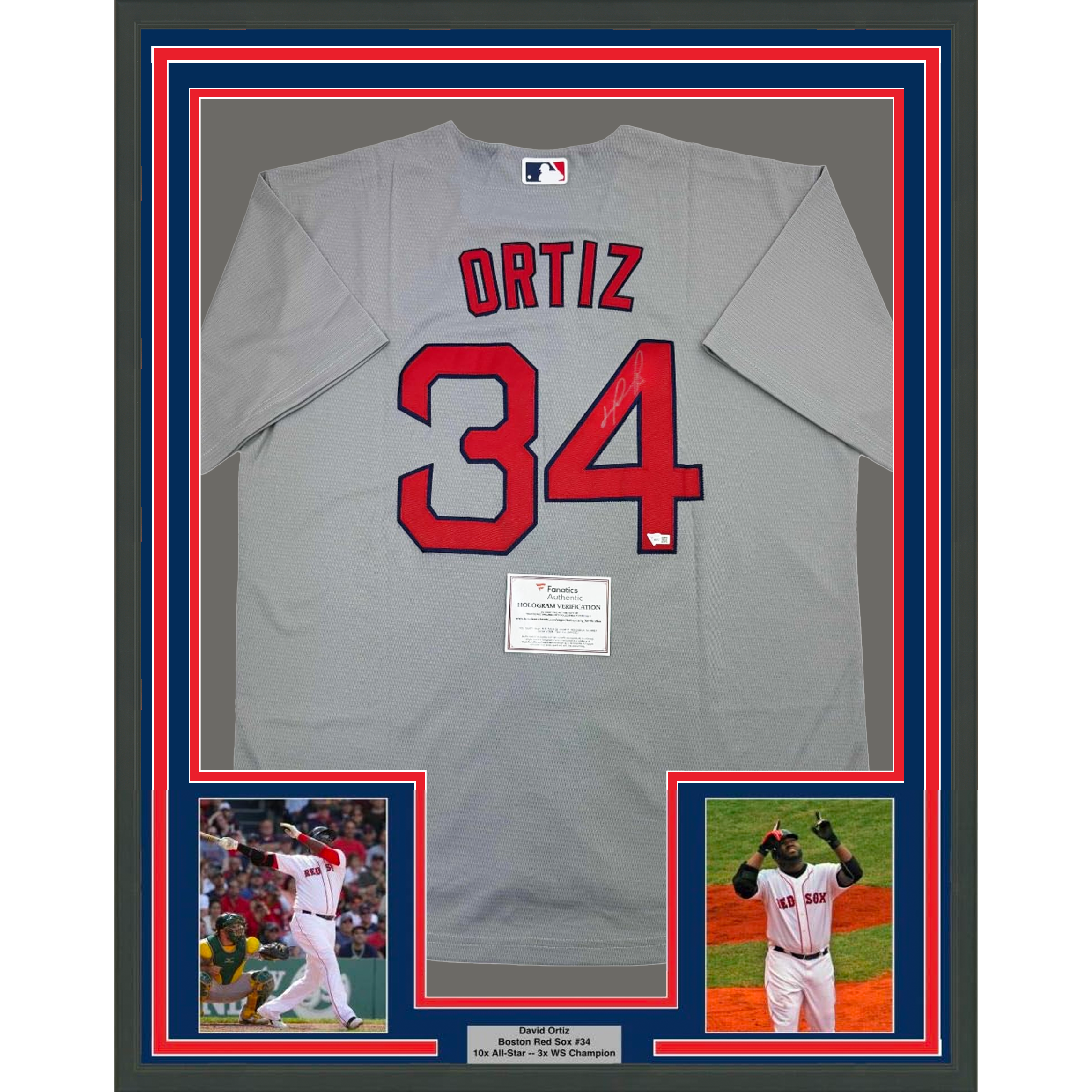 Framed Autographed/Signed David Ortiz 35x39 Boston Red Sox Grey Baseball Jersey Fanatics COA