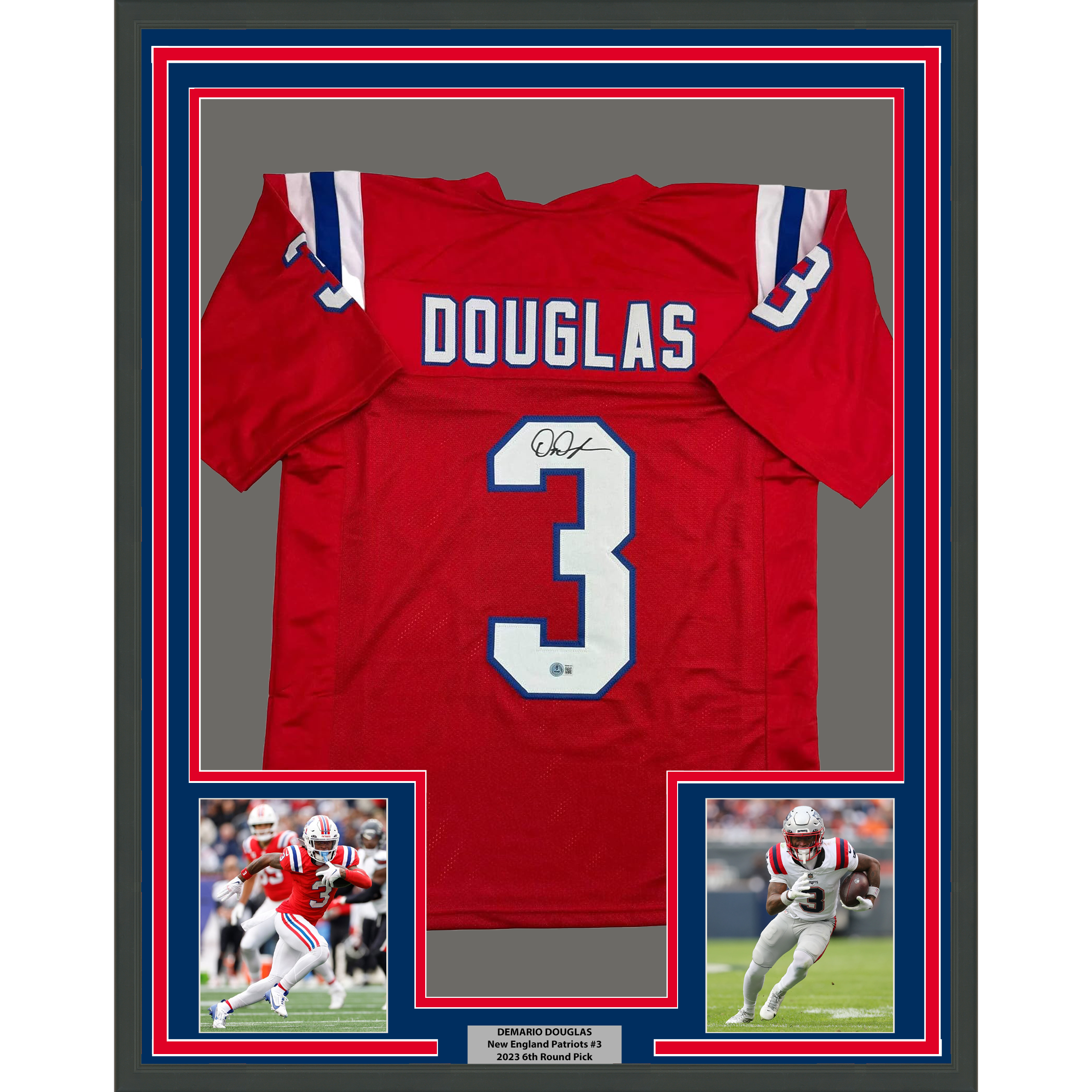 Framed Autographed/Signed DeMario Douglas 35x39 New England Red Football Jersey Beckett BAS COA