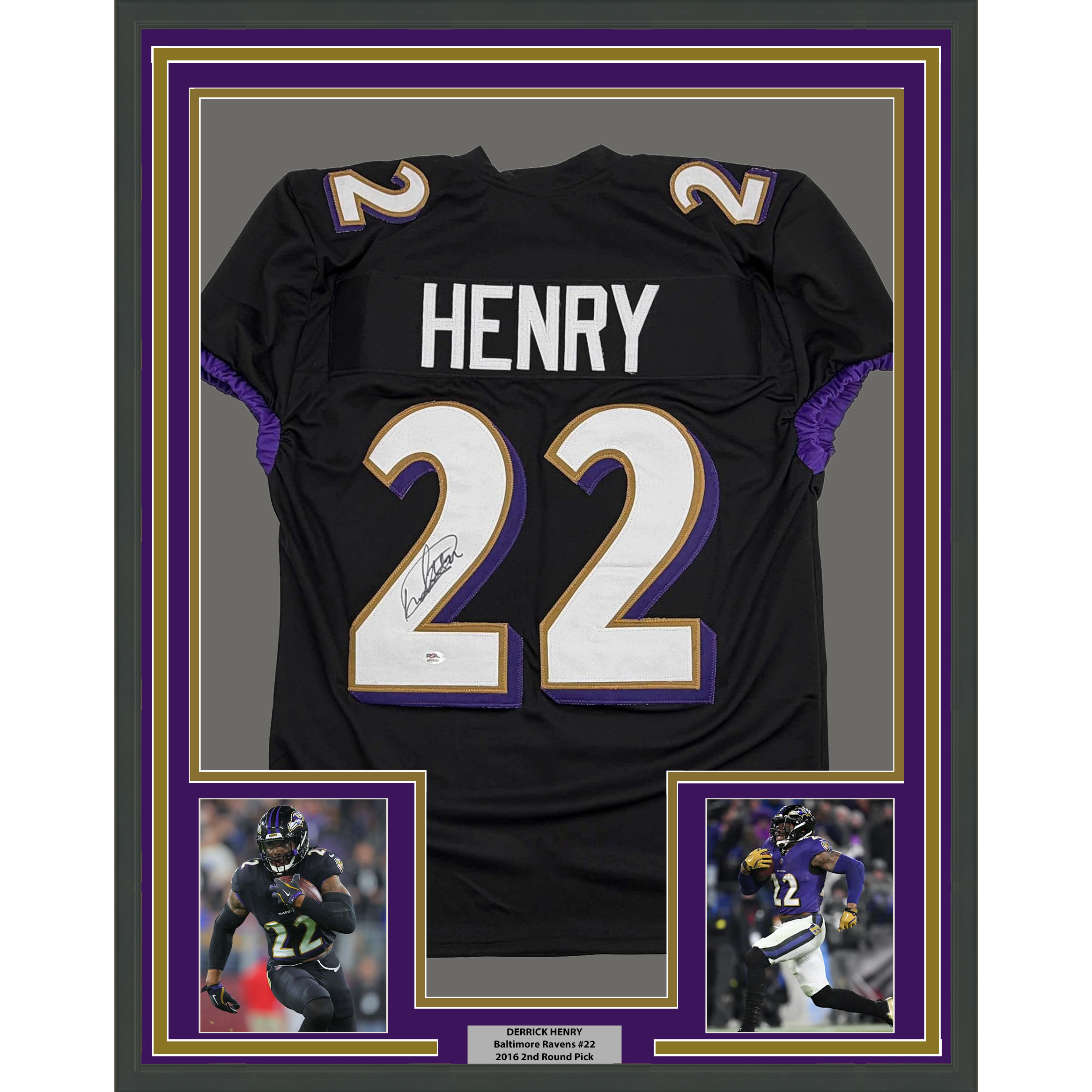 Framed Autographed/Signed Derrick Henry 35x39 Baltimore Black Football Jersey JSA COA