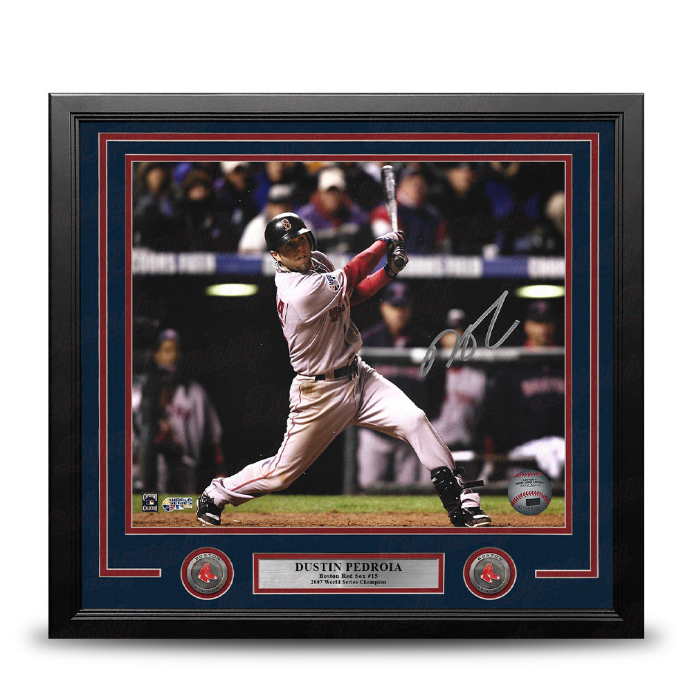 Dustin Pedroia 2007 World Series Action Boston Red Sox Autographed 11" x 14" Framed Baseball Photo - Sports Collectibles, Sports Memorabilia, Sports Fan Shop, Sports Gifts