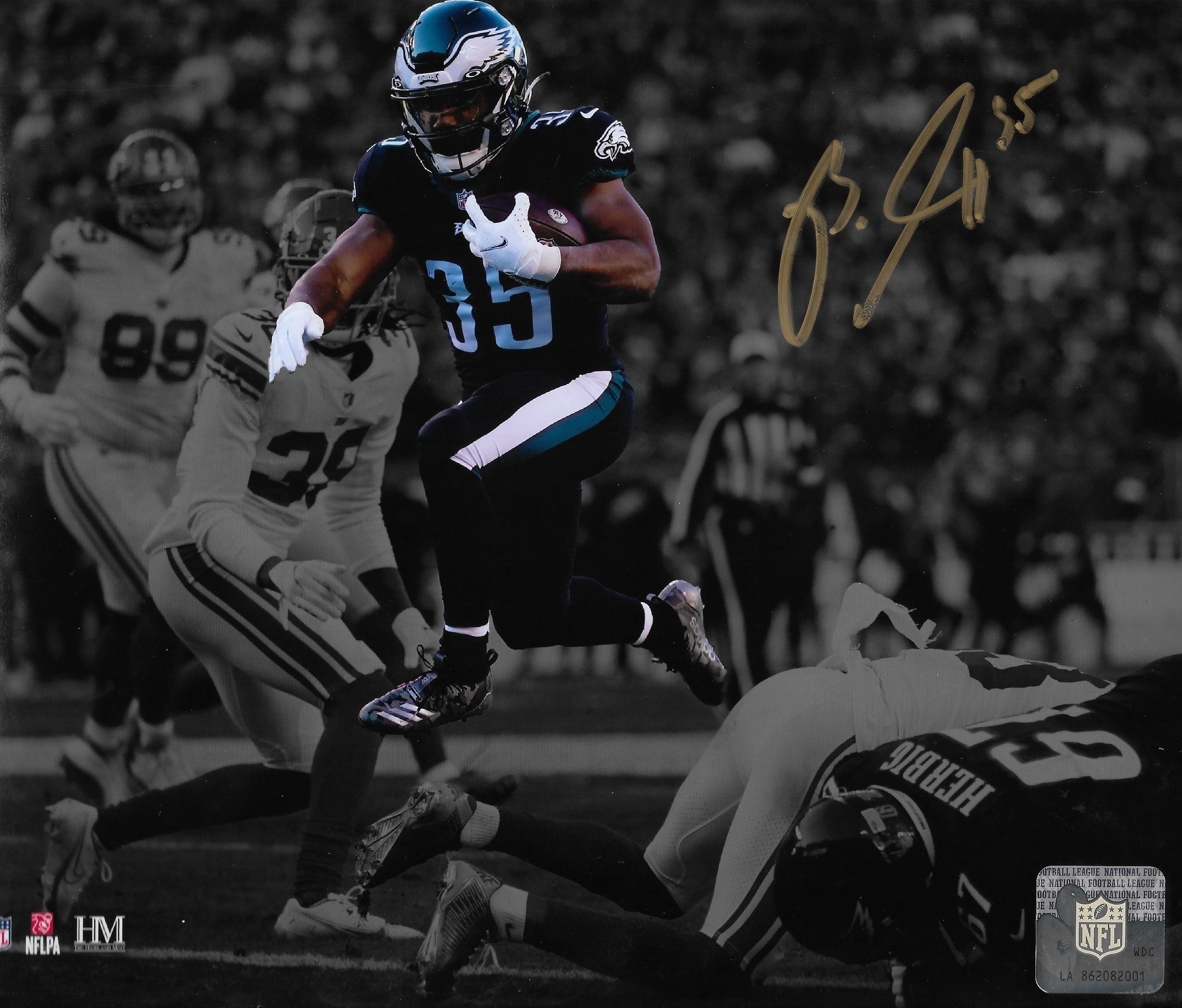 Boston Scott in Action Philadelphia Eagles Autographed Blackout Football Photo - Sports Gifts, Sports Memorabilia, Sports Collectibles, Fan Shop